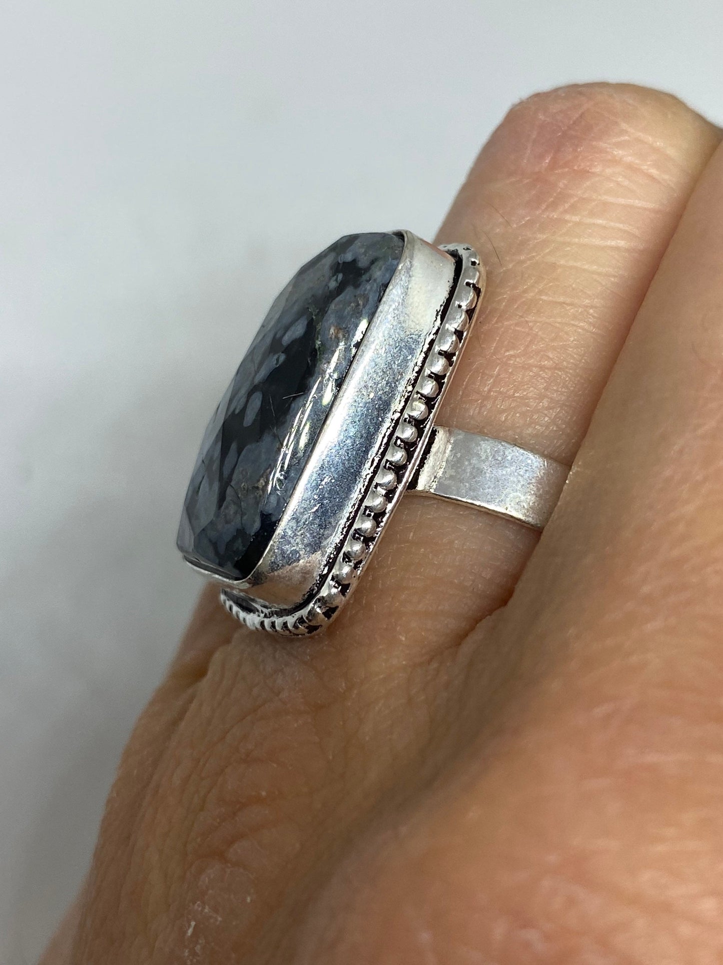 Vintage Snowflake Obsidian Black and Grey agate Bronze Silver Gothic Ring