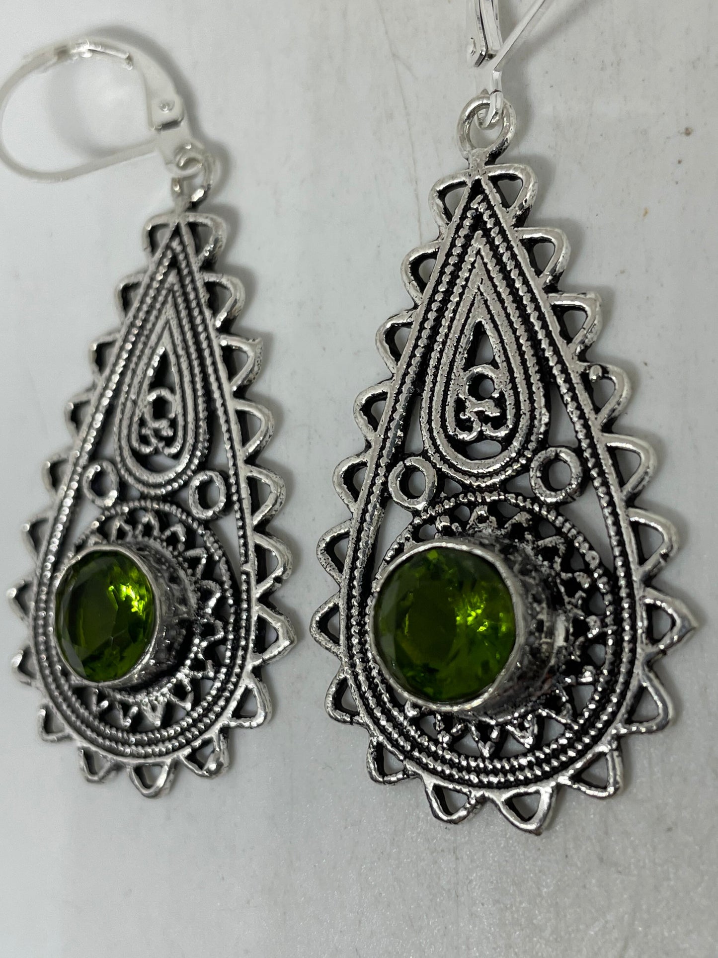 Antique Vintage Green Peridot Silver Dangle Earrings