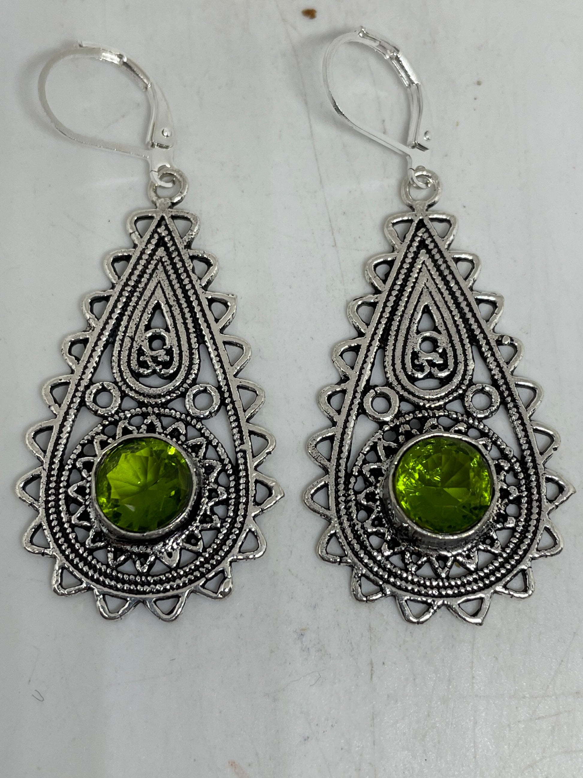 Antique Vintage Green Peridot Silver Dangle Earrings