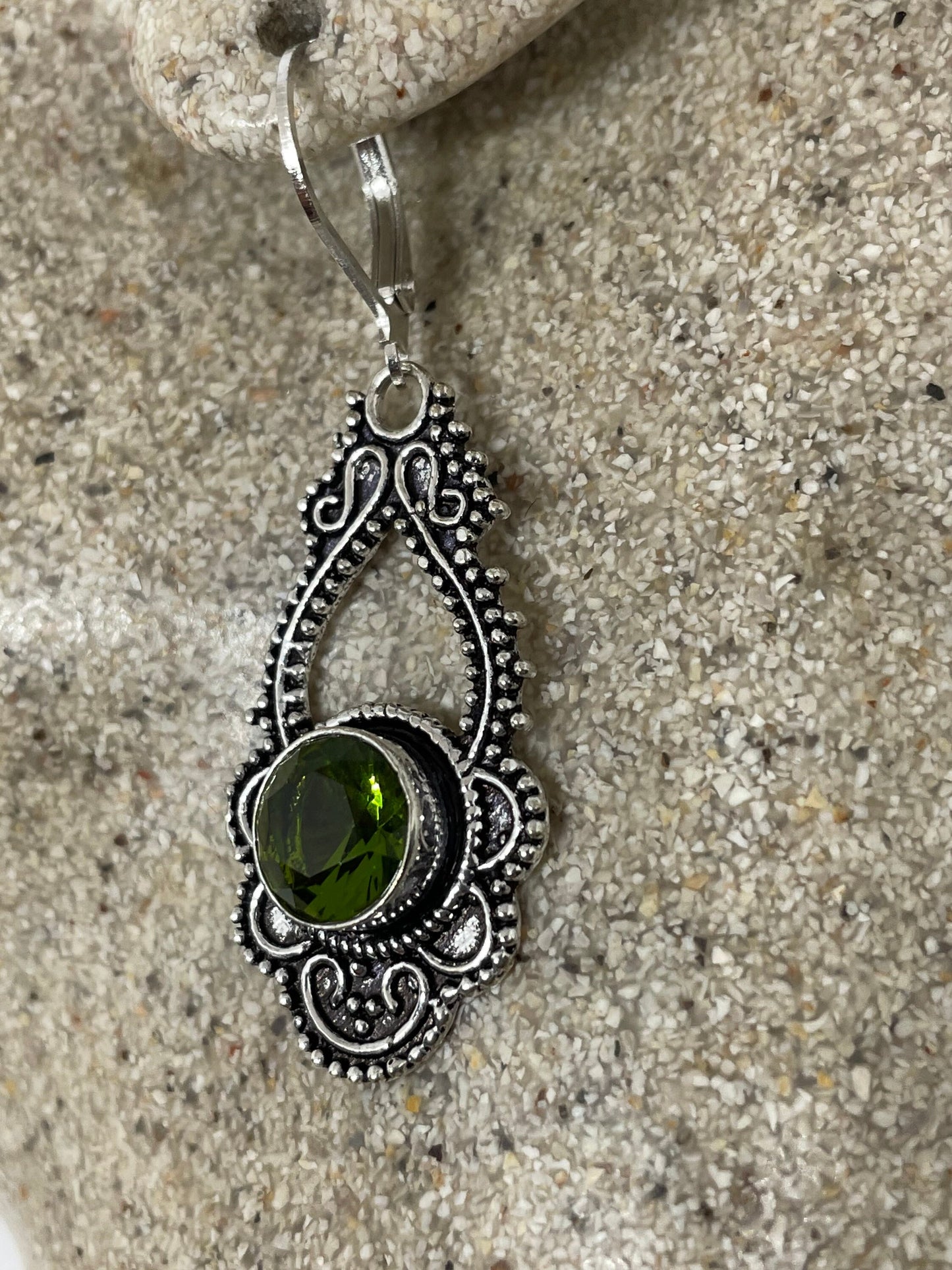 Antique Vintage Green Peridot Silver Dangle Earrings