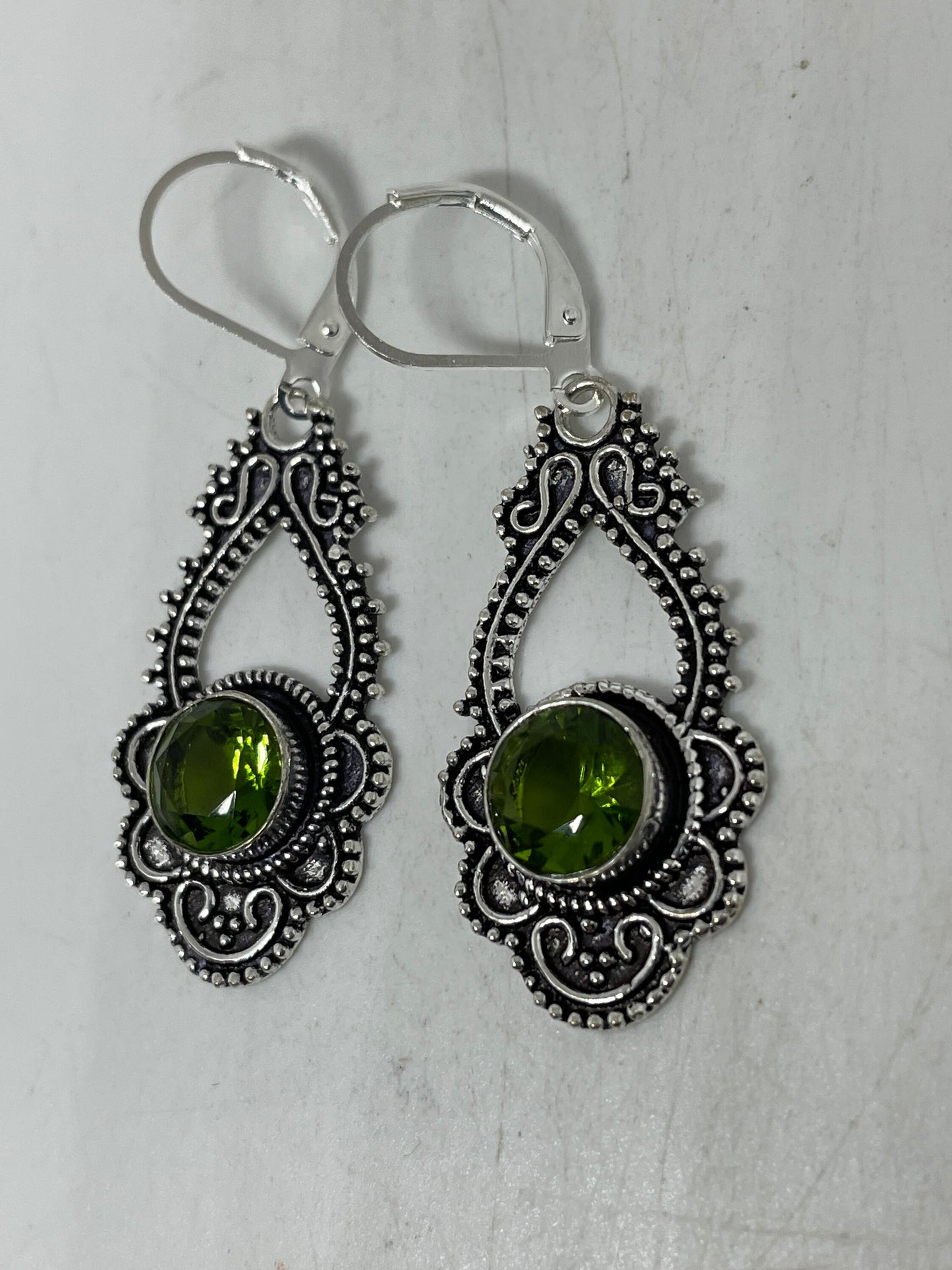 Antique Vintage Green Peridot Silver Dangle Earrings