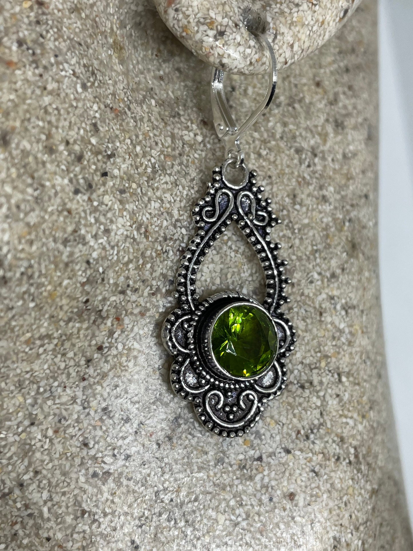 Antique Vintage Green Peridot Silver Dangle Earrings