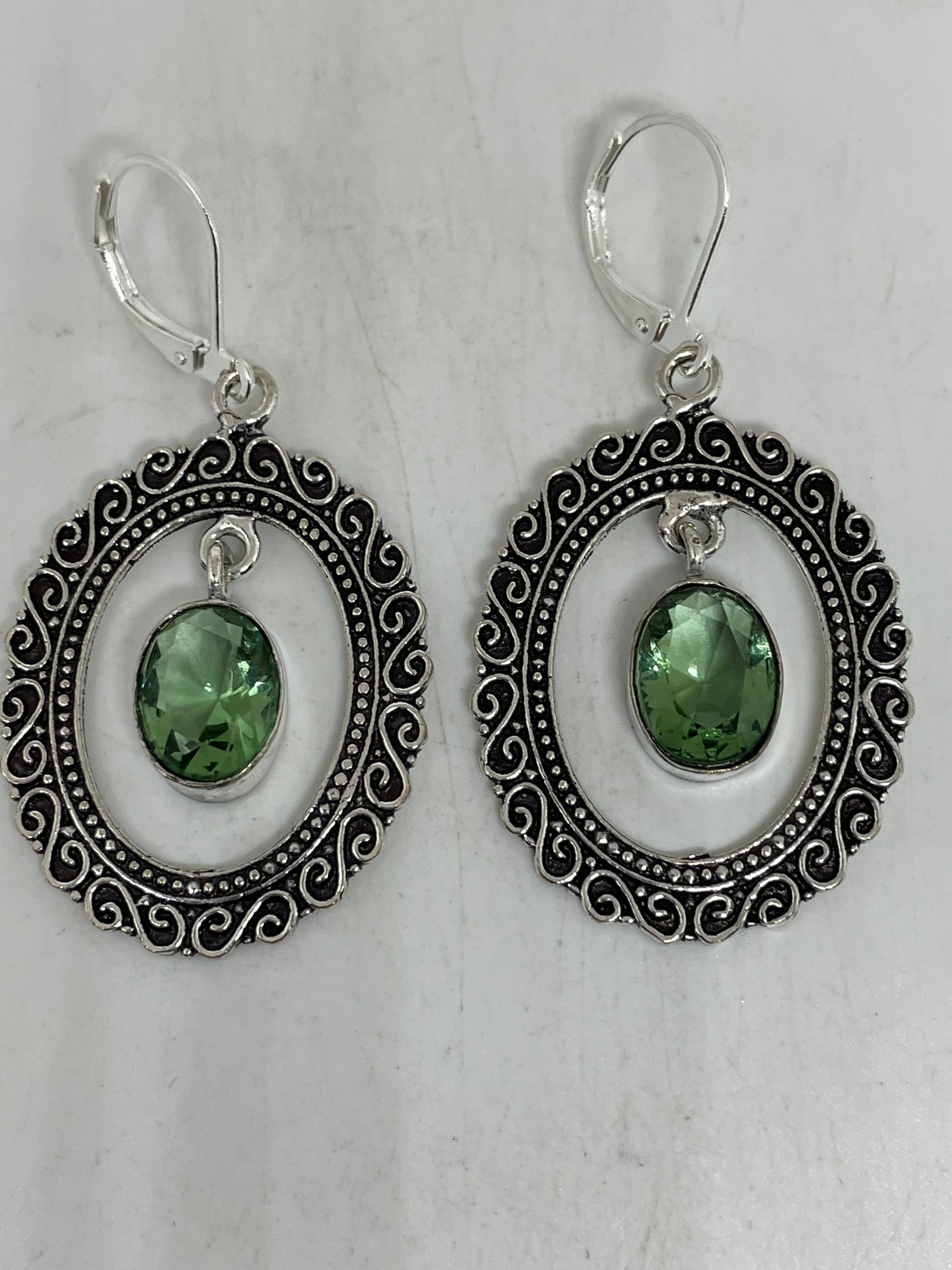 Antique Vintage Green Peridot Silver Dangle Earrings