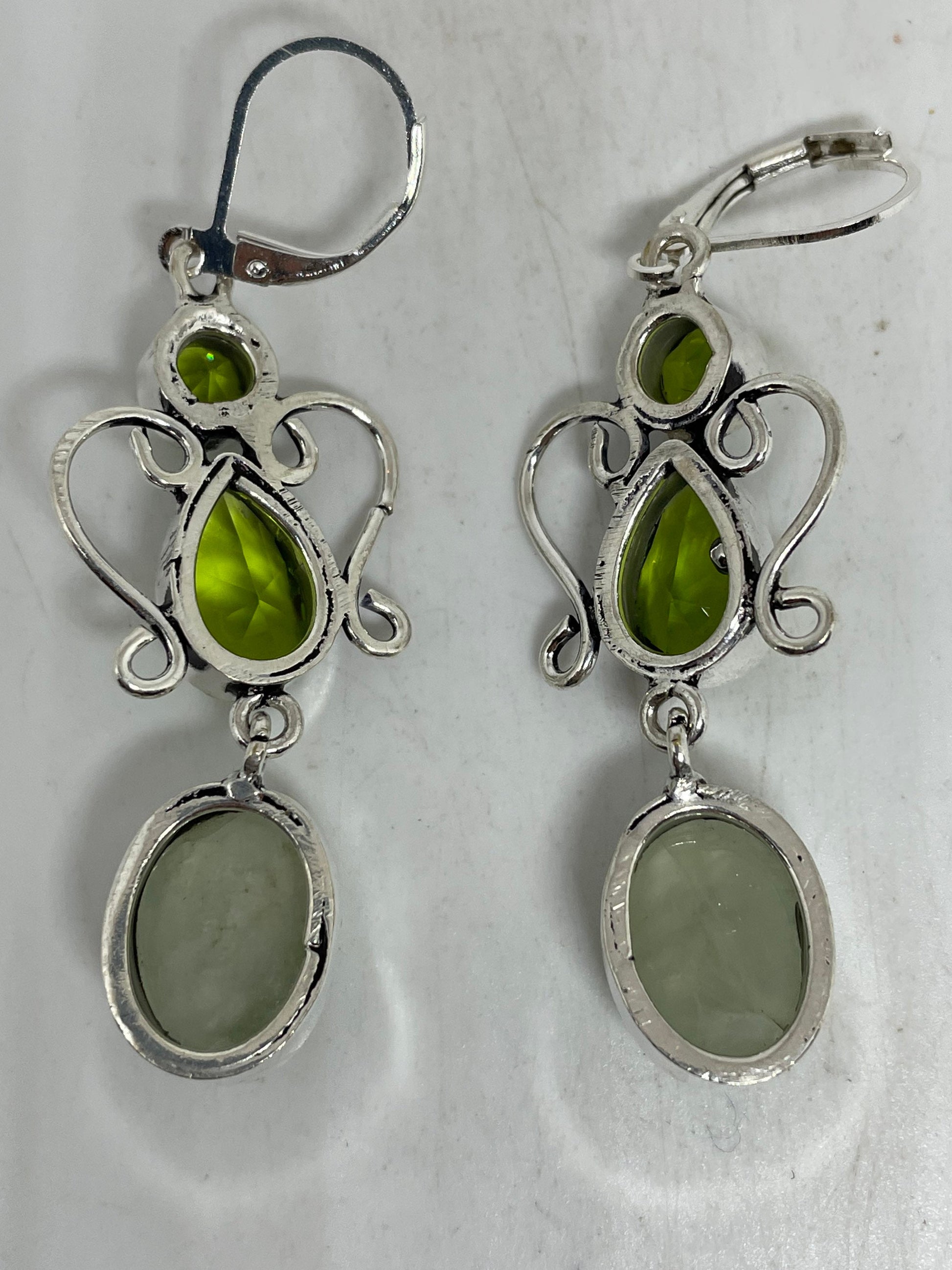 Antique Vintage Green Peridot Jade Silver Dangle Earrings