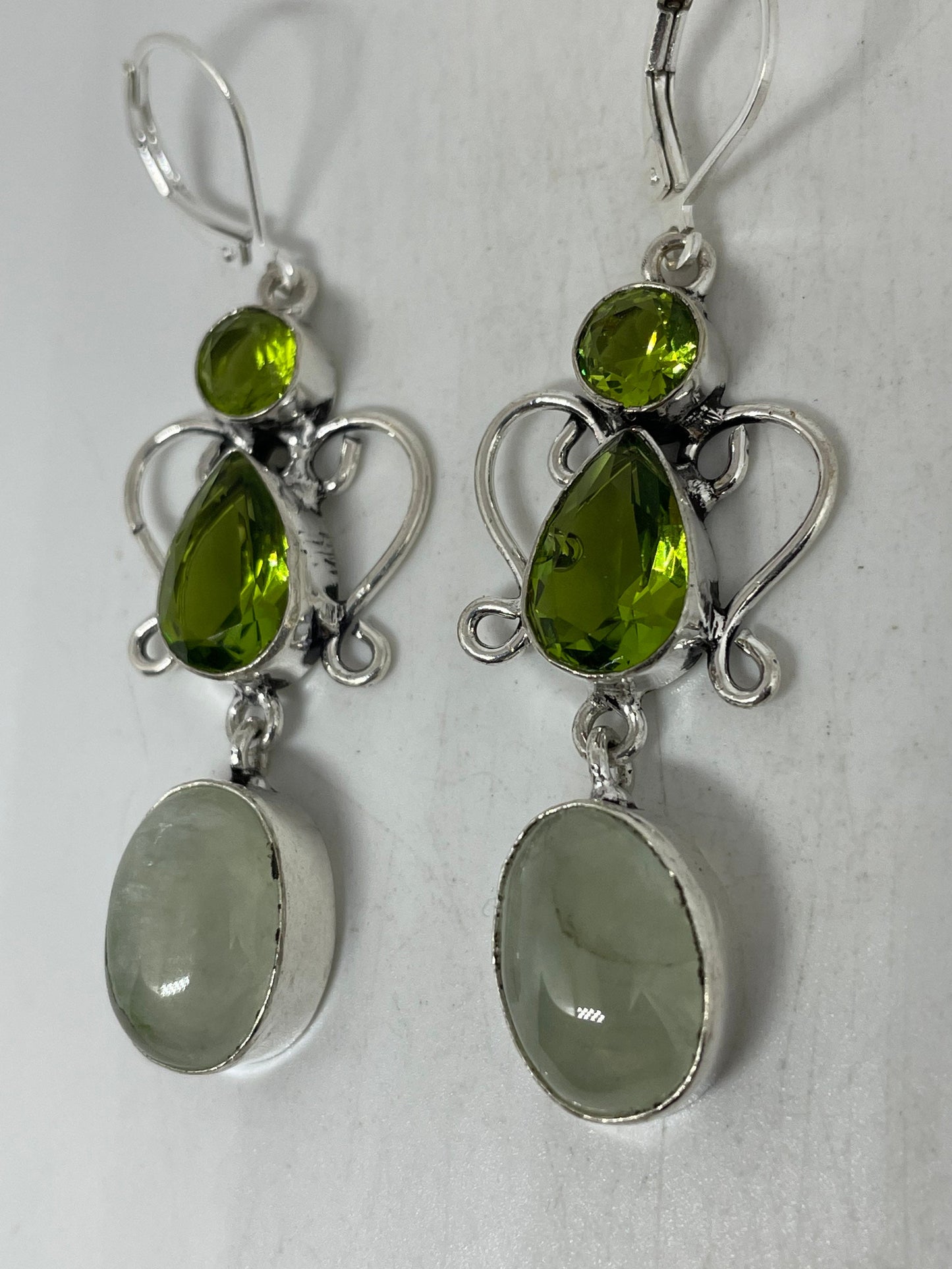 Antique Vintage Green Peridot Jade Silver Dangle Earrings