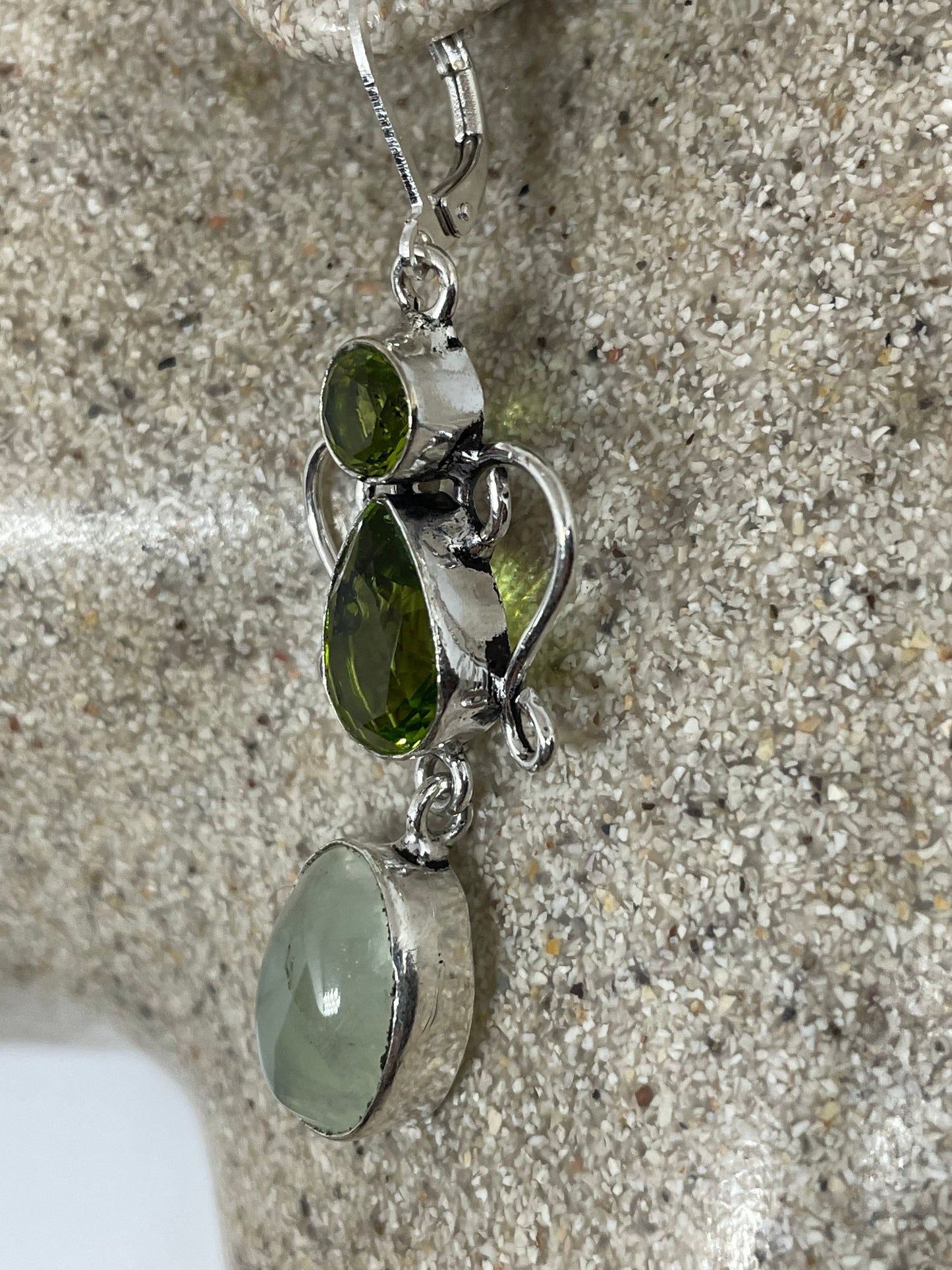 Antique Vintage Green Peridot Jade Silver Dangle Earrings