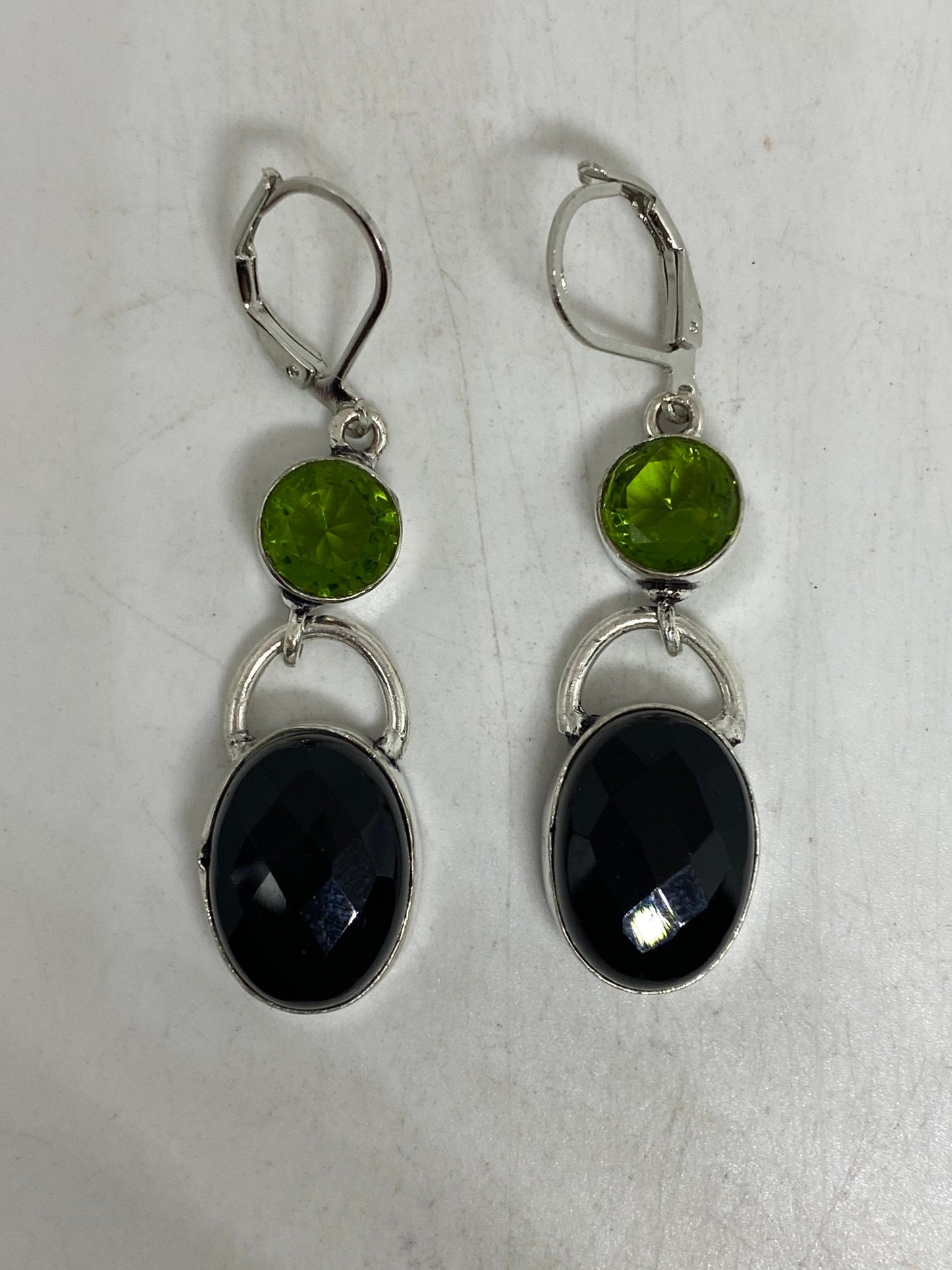 Antique Vintage Green Peridot Black Onyx Silver Dangle Earrings