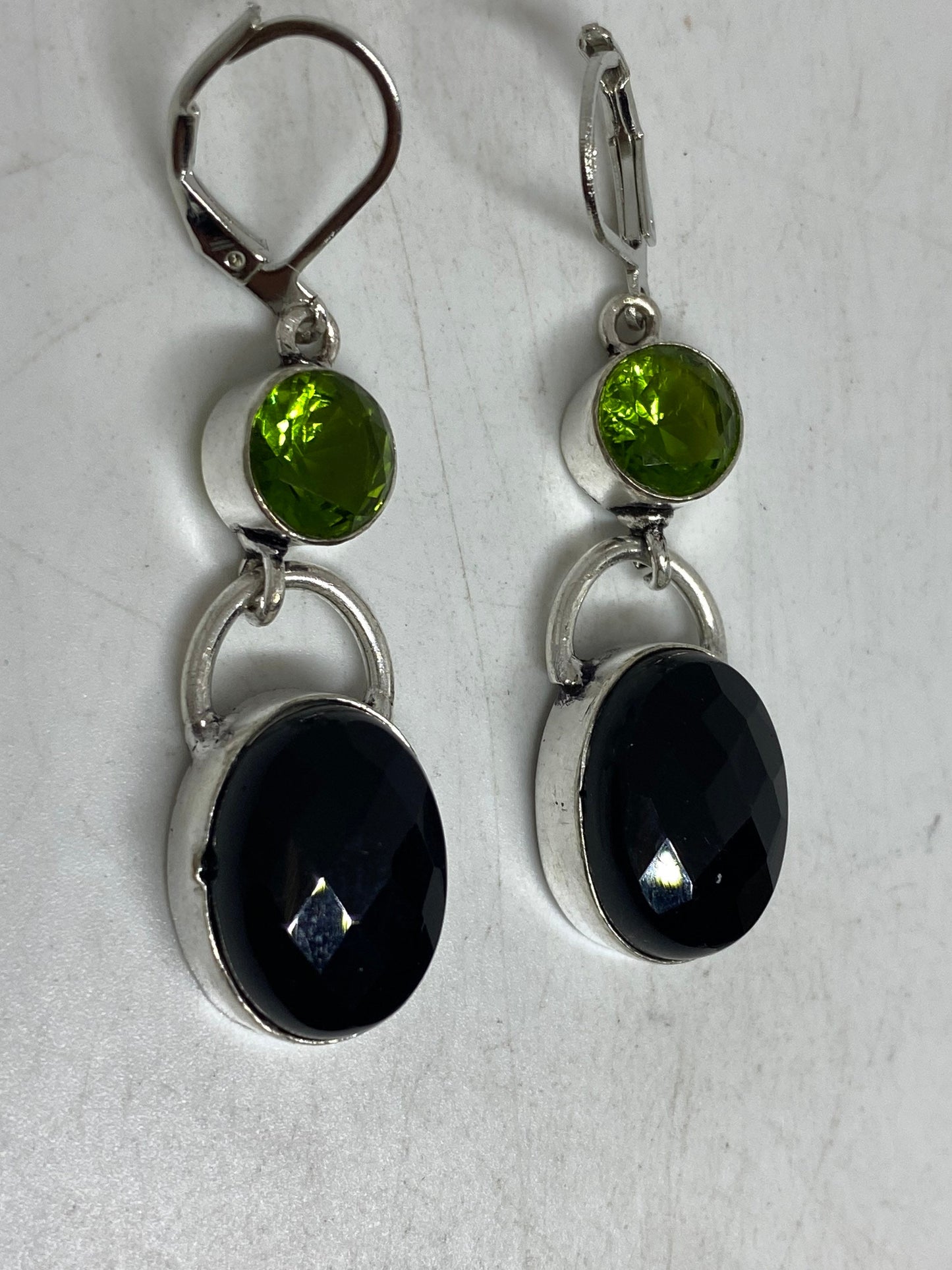 Antique Vintage Green Peridot Black Onyx Silver Dangle Earrings