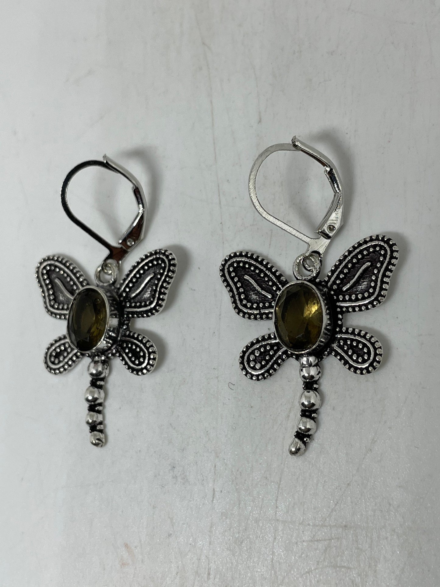 Vintage Smoky Topaz Dragonfly LeverBack Earrings 925 Sterling Silver Dangle