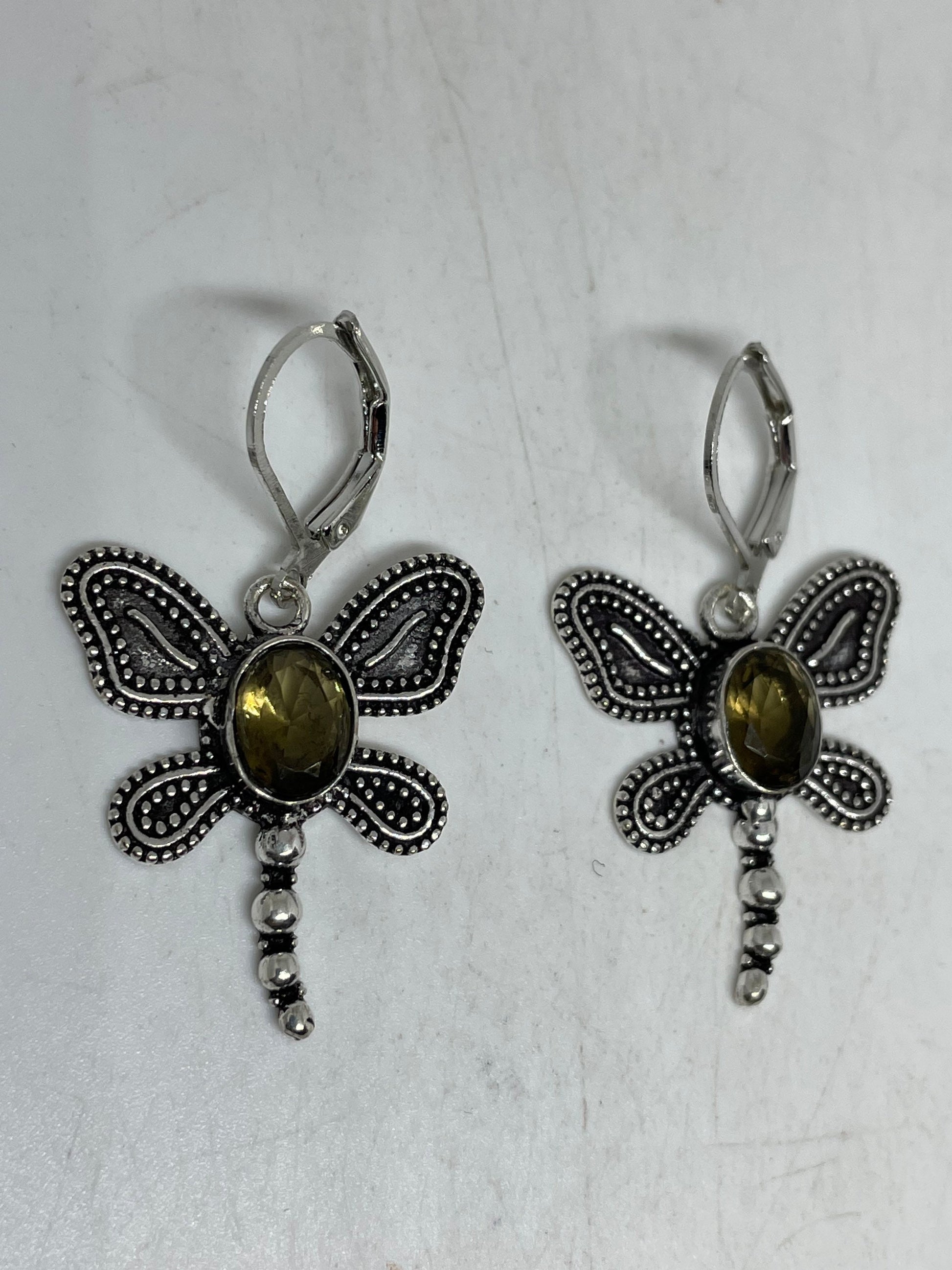 Vintage Smoky Topaz Dragonfly LeverBack Earrings 925 Sterling Silver Dangle