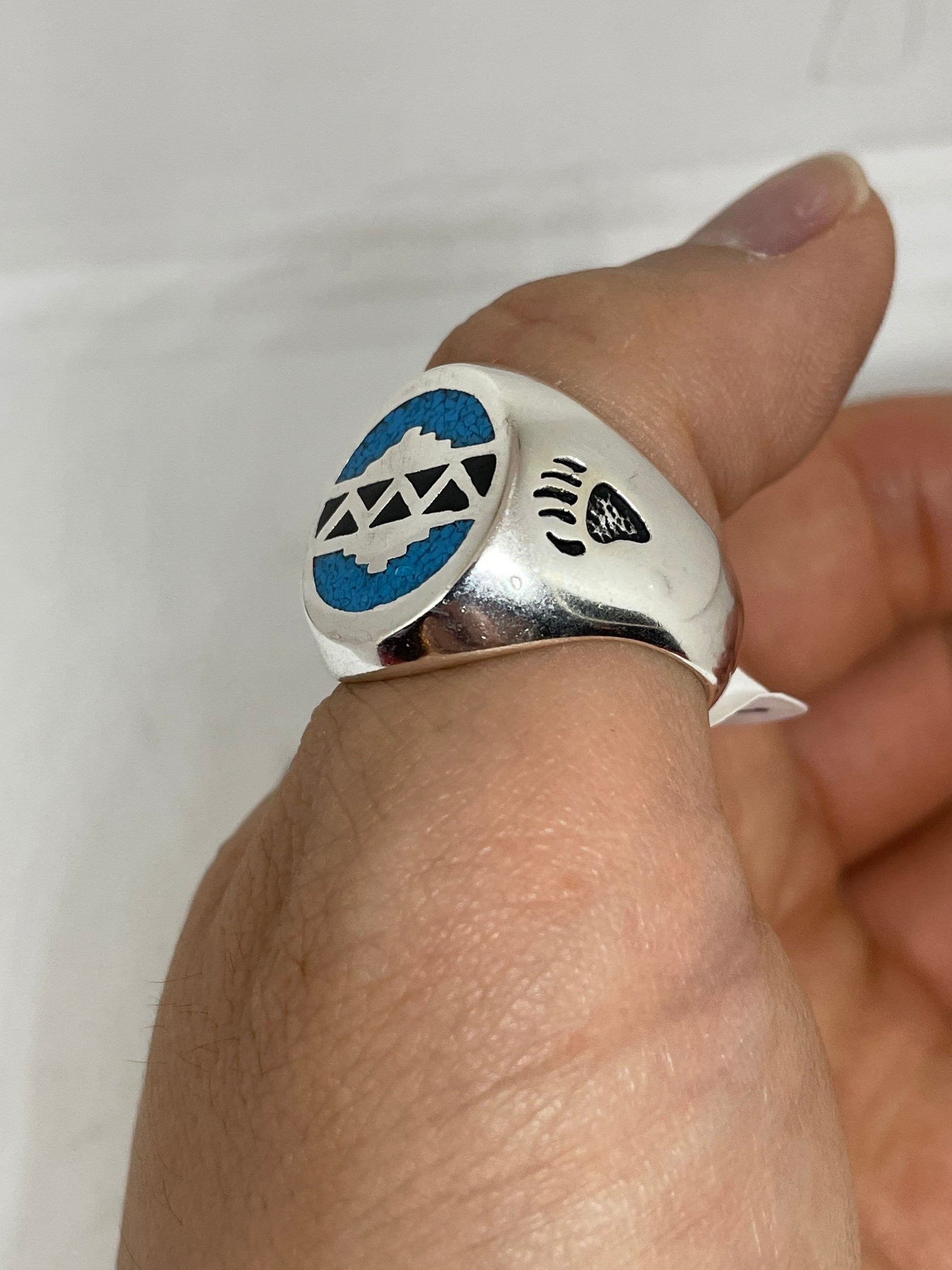 Vintage Native American Style Southwestern Turquoise Stone Inlay Mens Ring