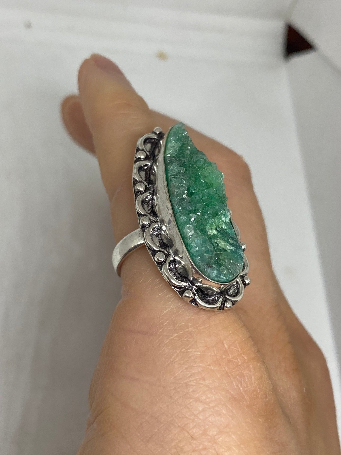 Vintage Handmade Genuine Green Mystic Chrome Diopside Druzy Filigree Setting Silver Ring