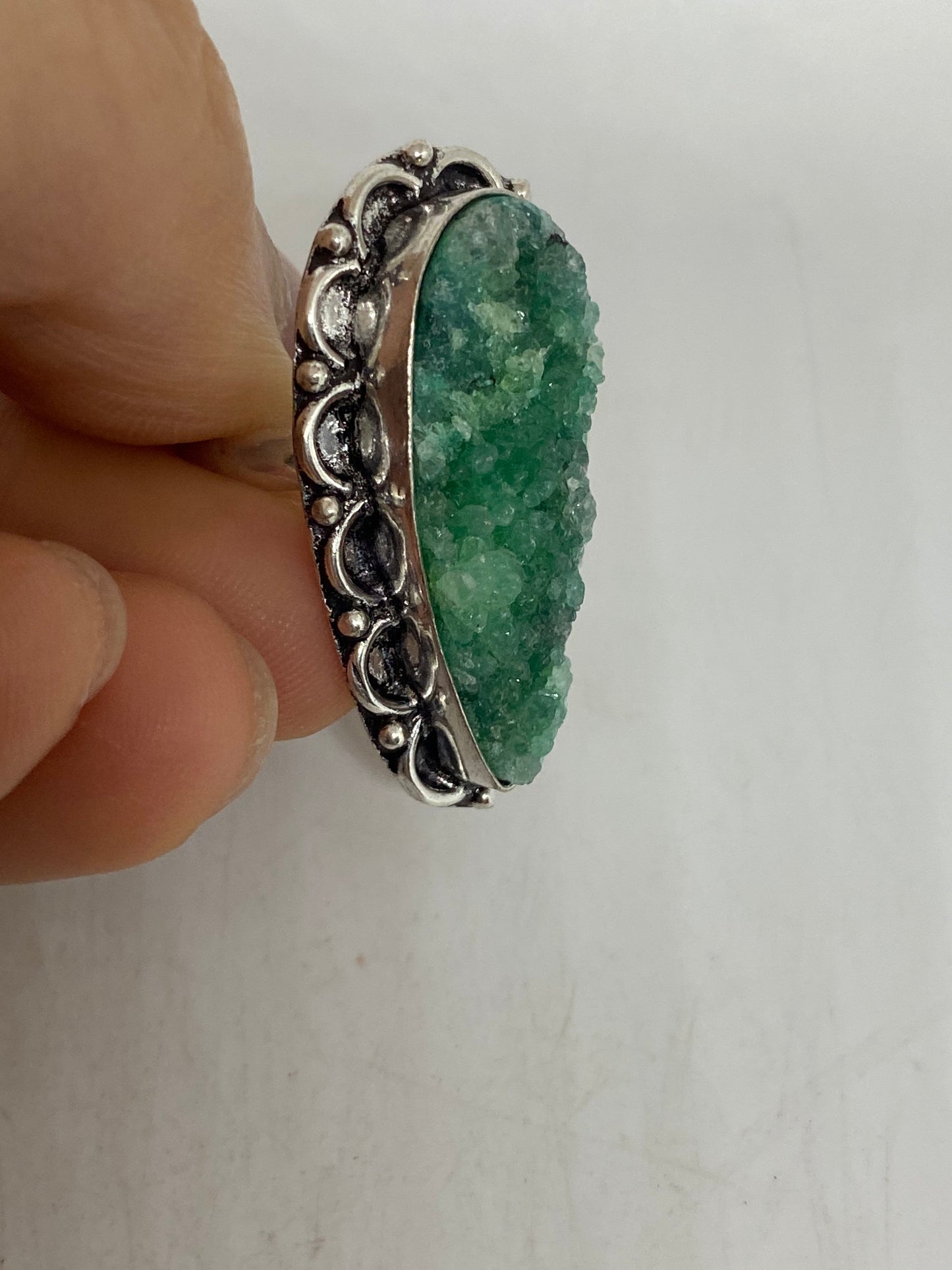 Vintage Handmade Genuine Green Mystic Chrome Diopside Druzy Filigree Setting Silver Ring