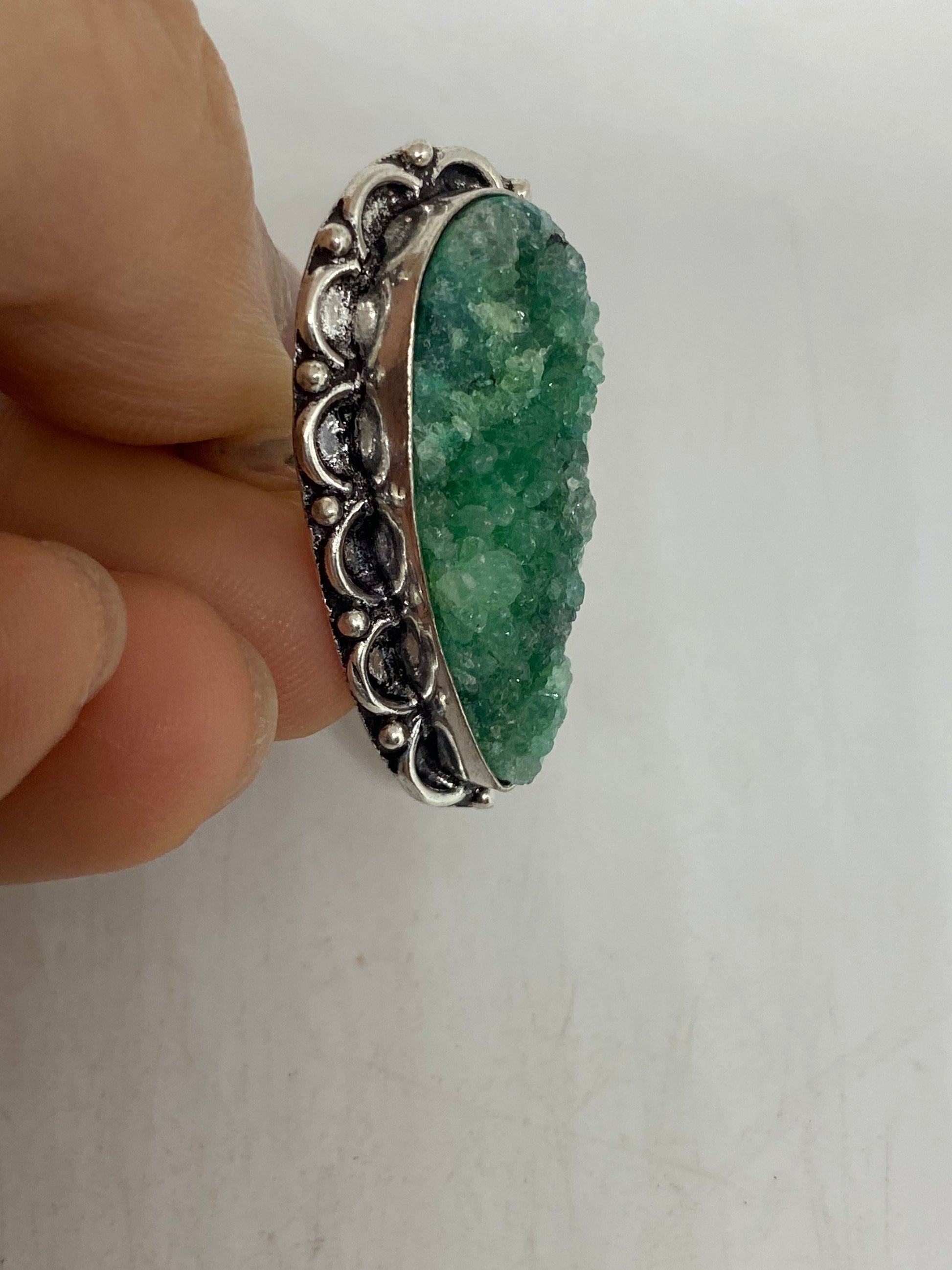 Vintage Handmade Genuine Green Mystic Chrome Diopside Druzy Filigree Setting Silver Ring