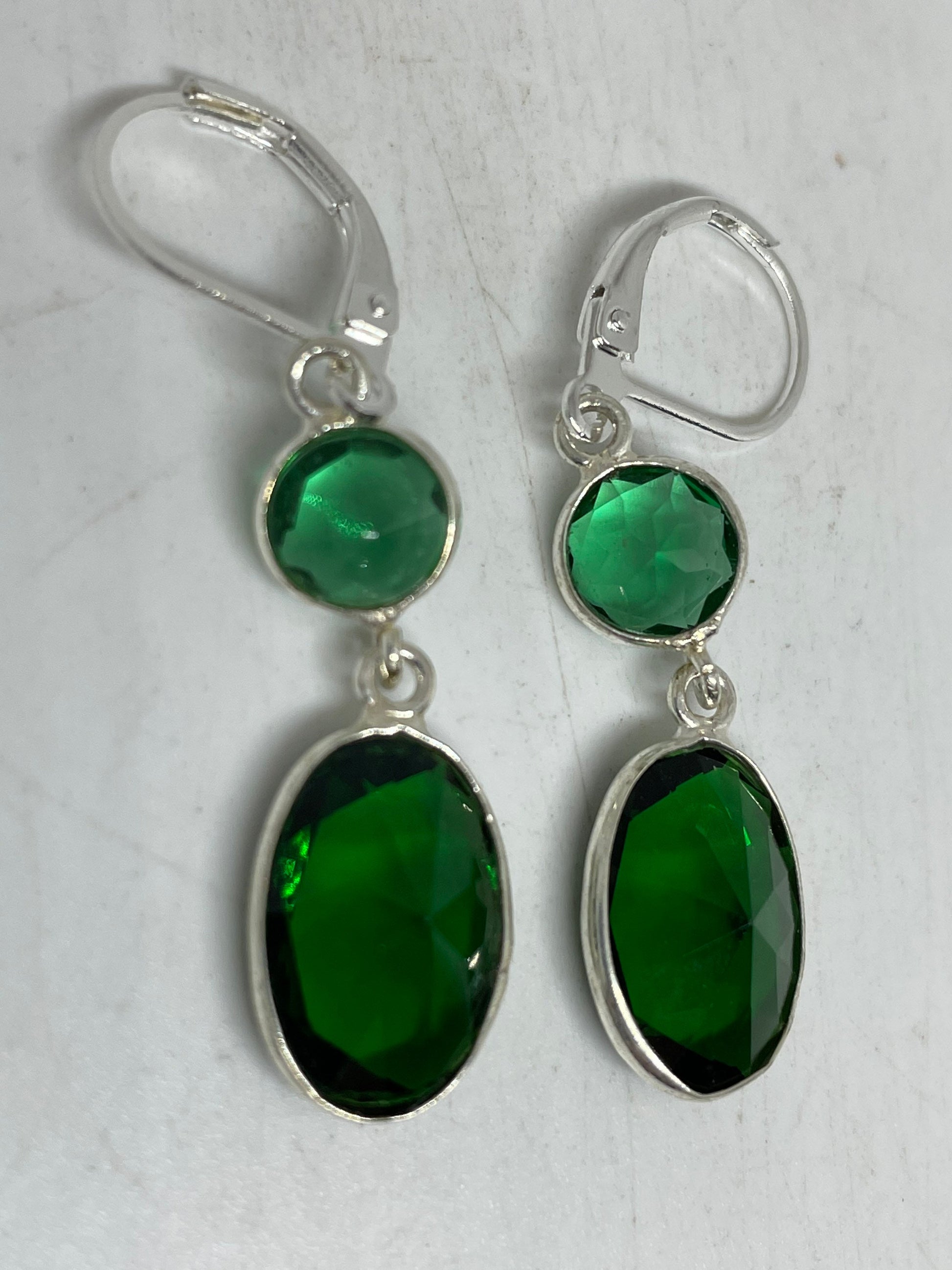 Antique Vintage Green Glass Silver Dangle Earrings