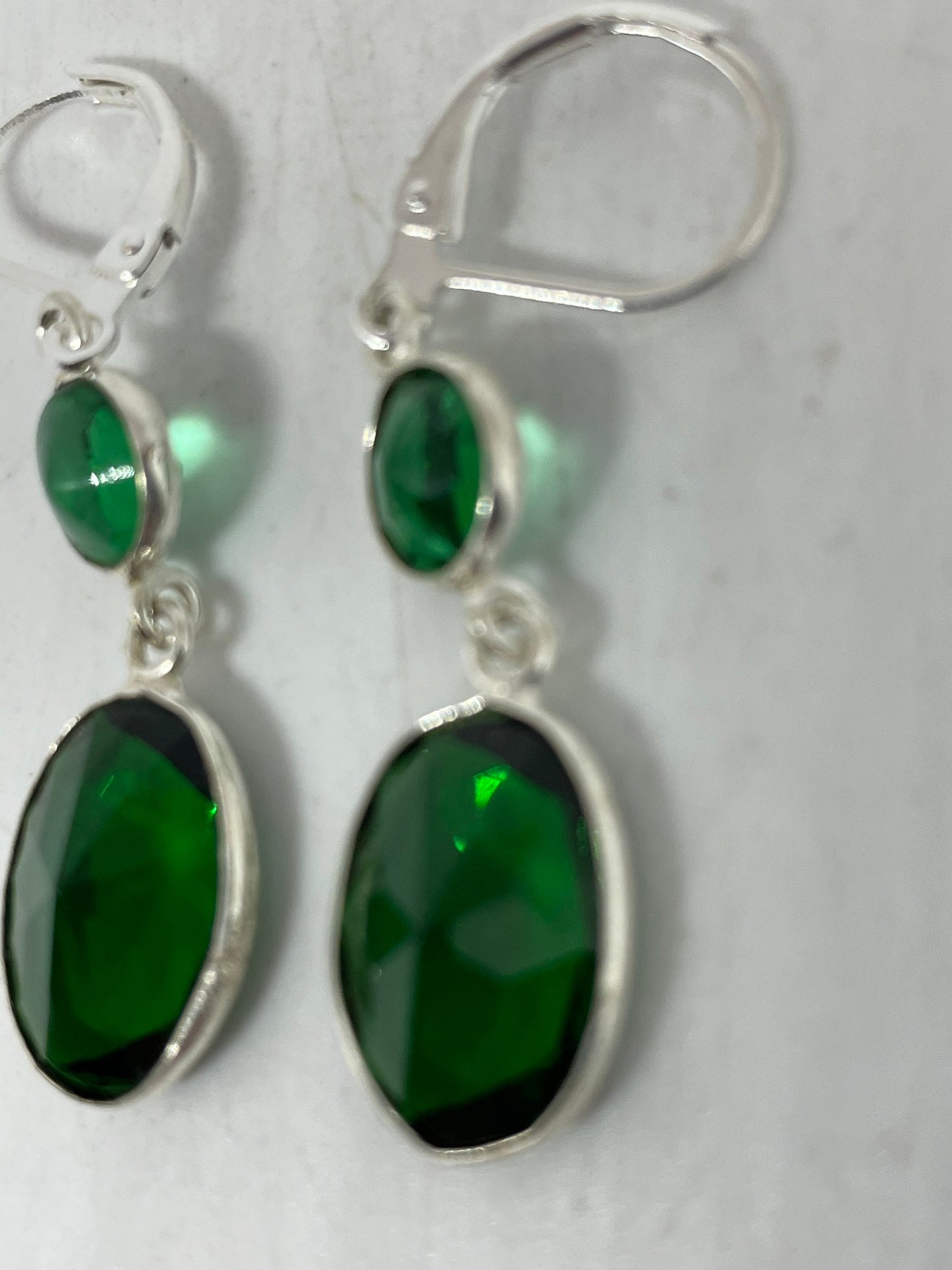 Antique Vintage Green Glass Silver Dangle Earrings