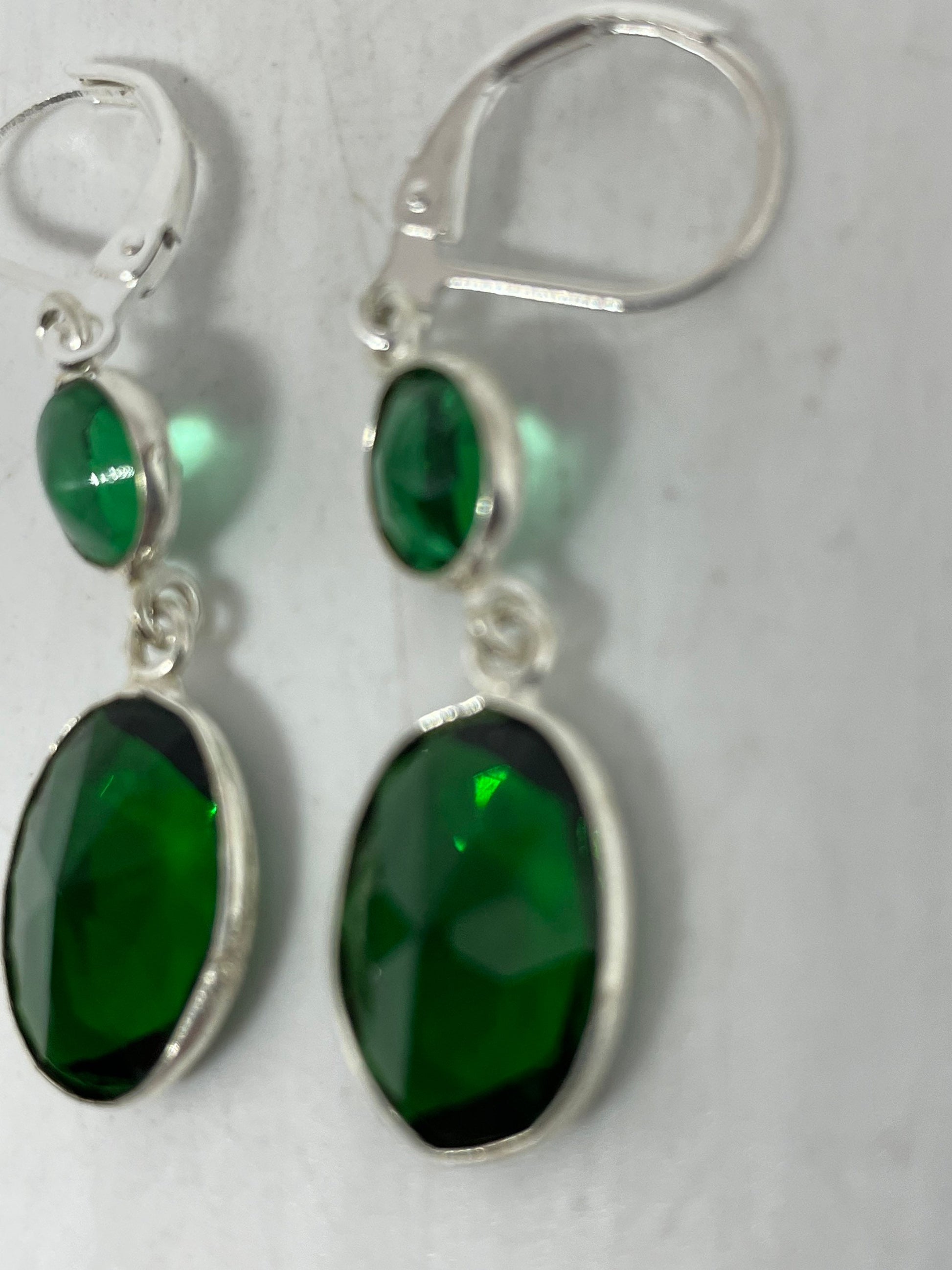 Antique Vintage Green Glass Silver Dangle Earrings