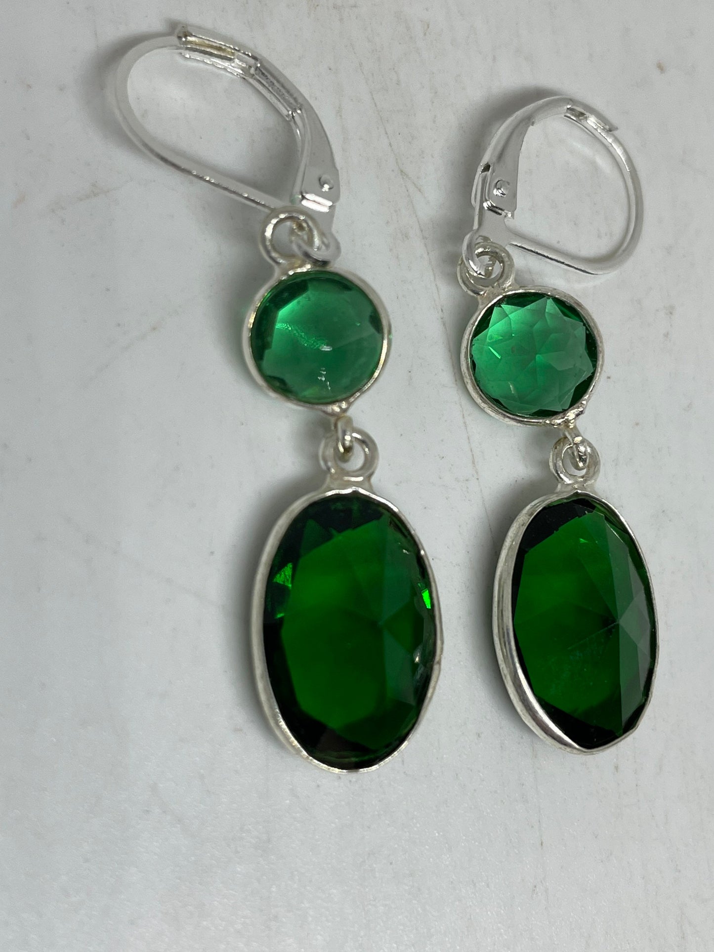 Antique Vintage Green Glass Silver Dangle Earrings