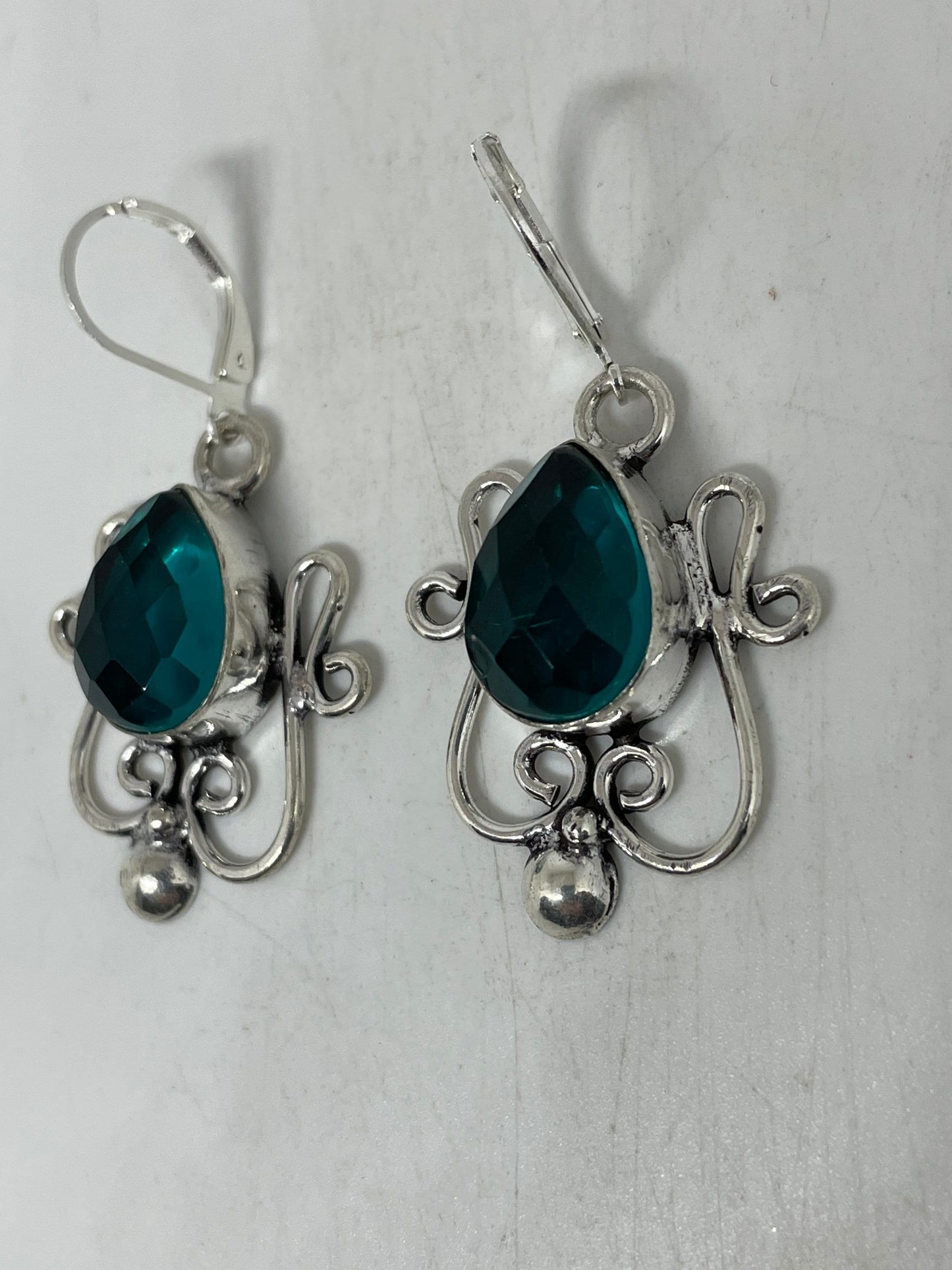 Antique Vintage Aqua Blue Volcanic Glass Silver Dangle Earrings