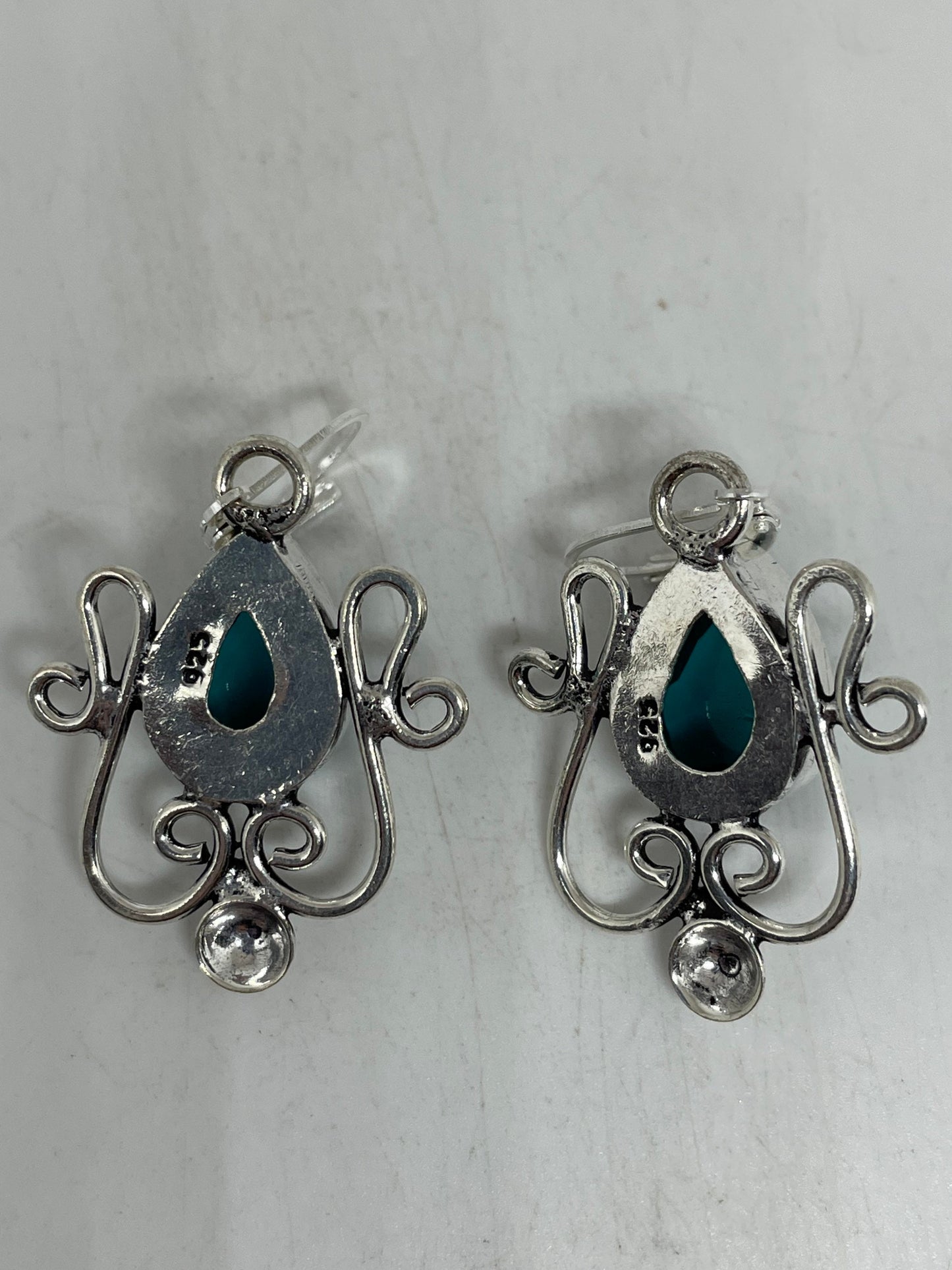 Antique Vintage Aqua Blue Volcanic Glass Silver Dangle Earrings