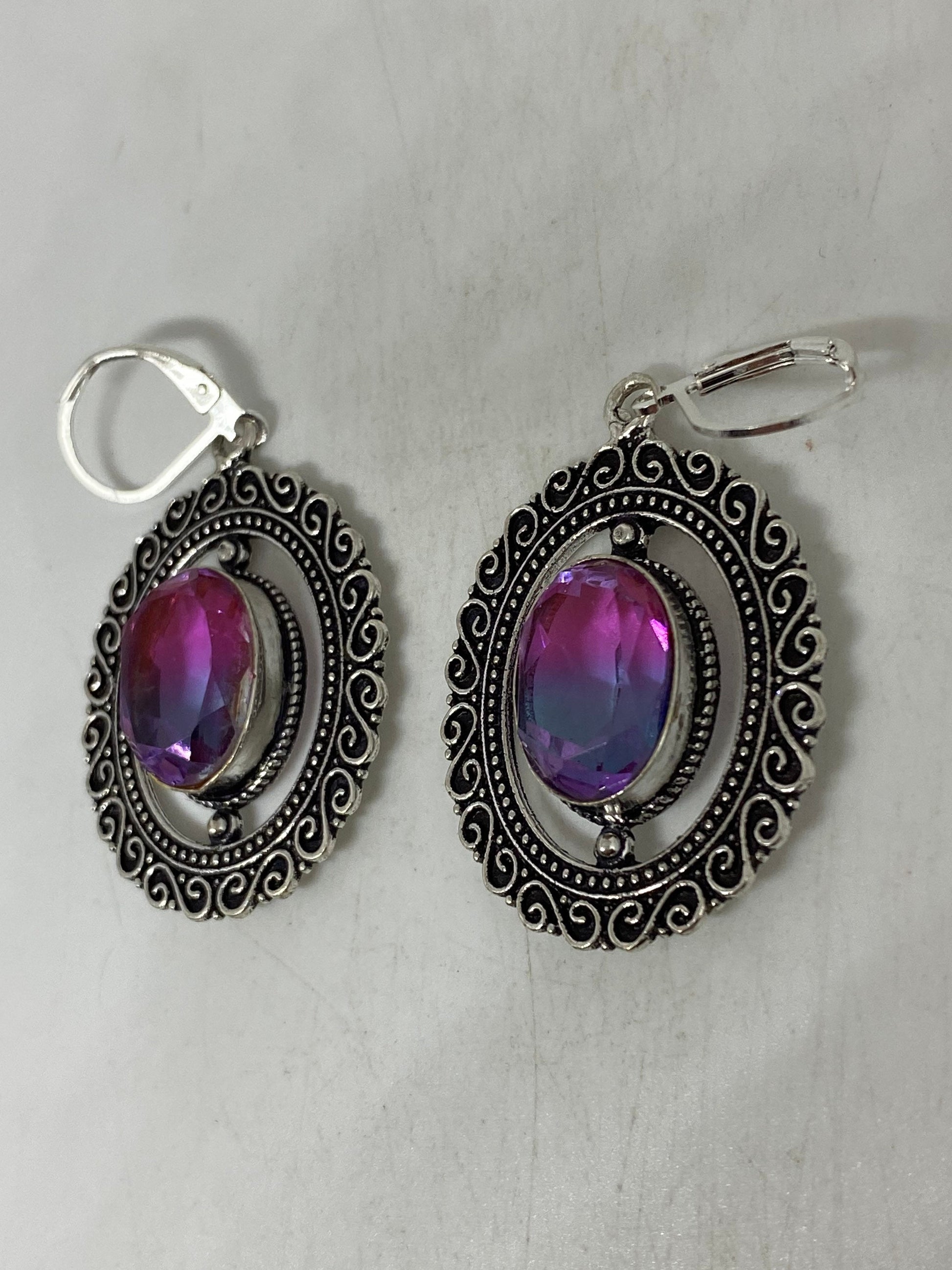 Antique Vintage Purple Volcanic Glass Silver Dangle Earrings