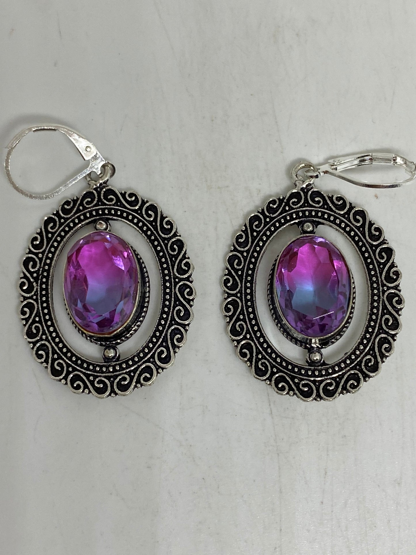 Antique Vintage Purple Volcanic Glass Silver Dangle Earrings