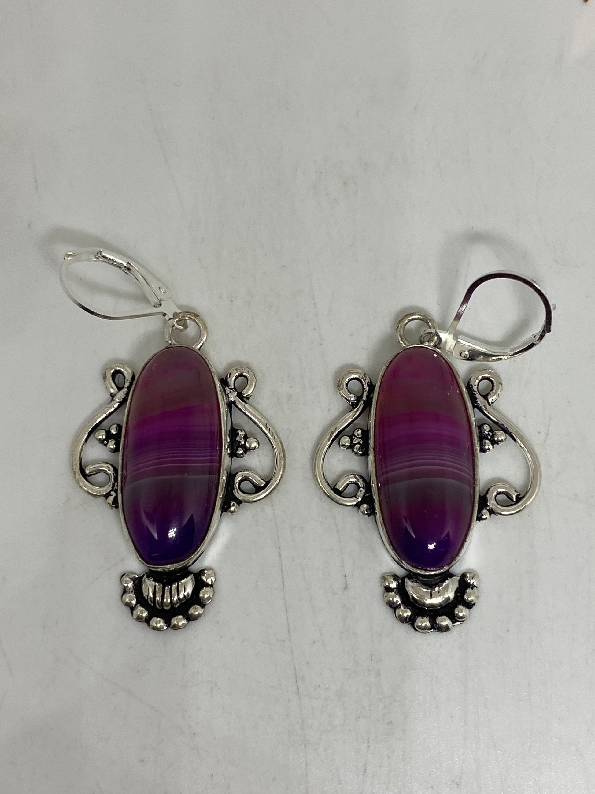 Antique Vintage Purple Banded agate Silver Dangle Earrings