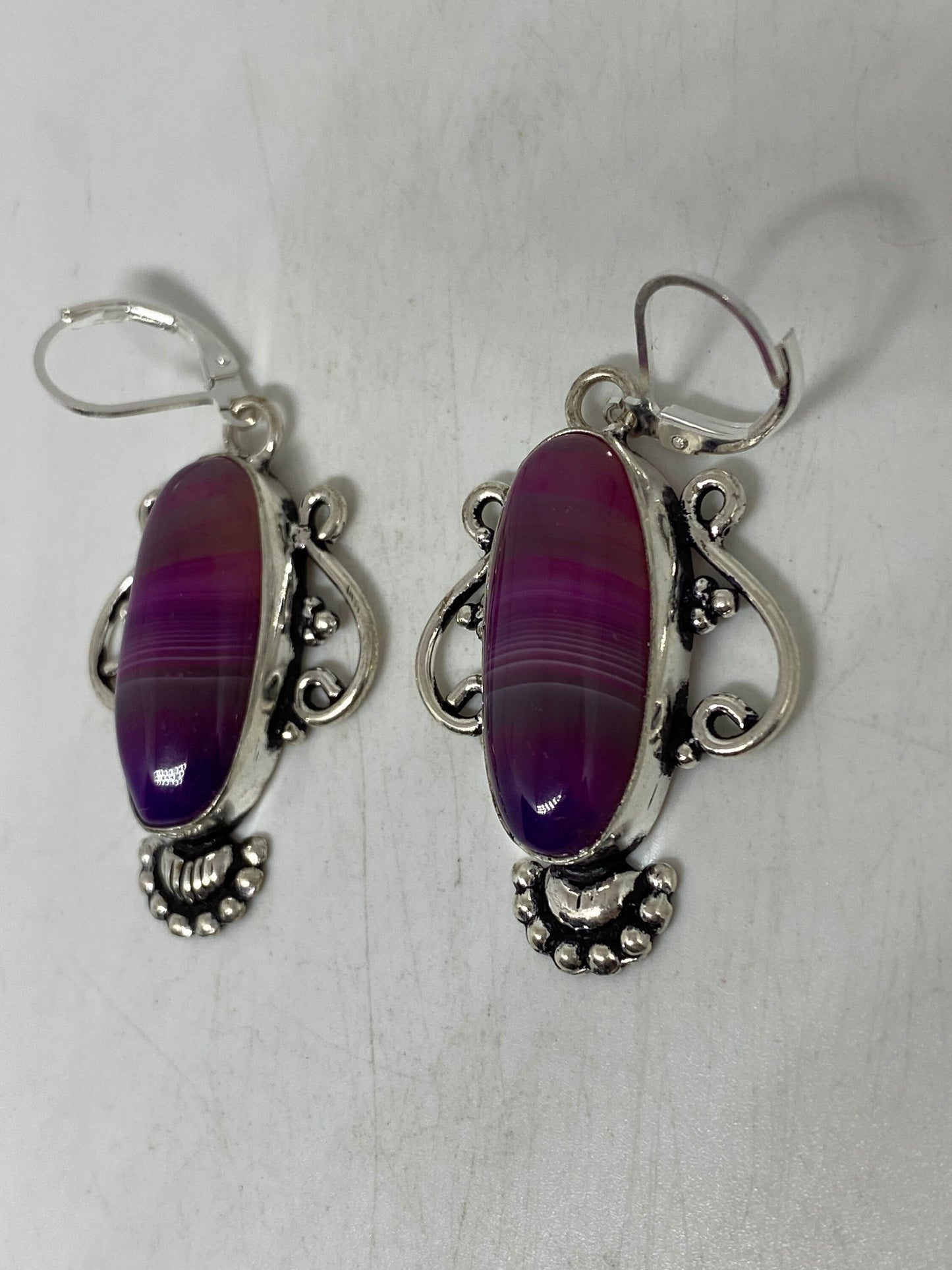 Antique Vintage Purple Banded agate Silver Dangle Earrings