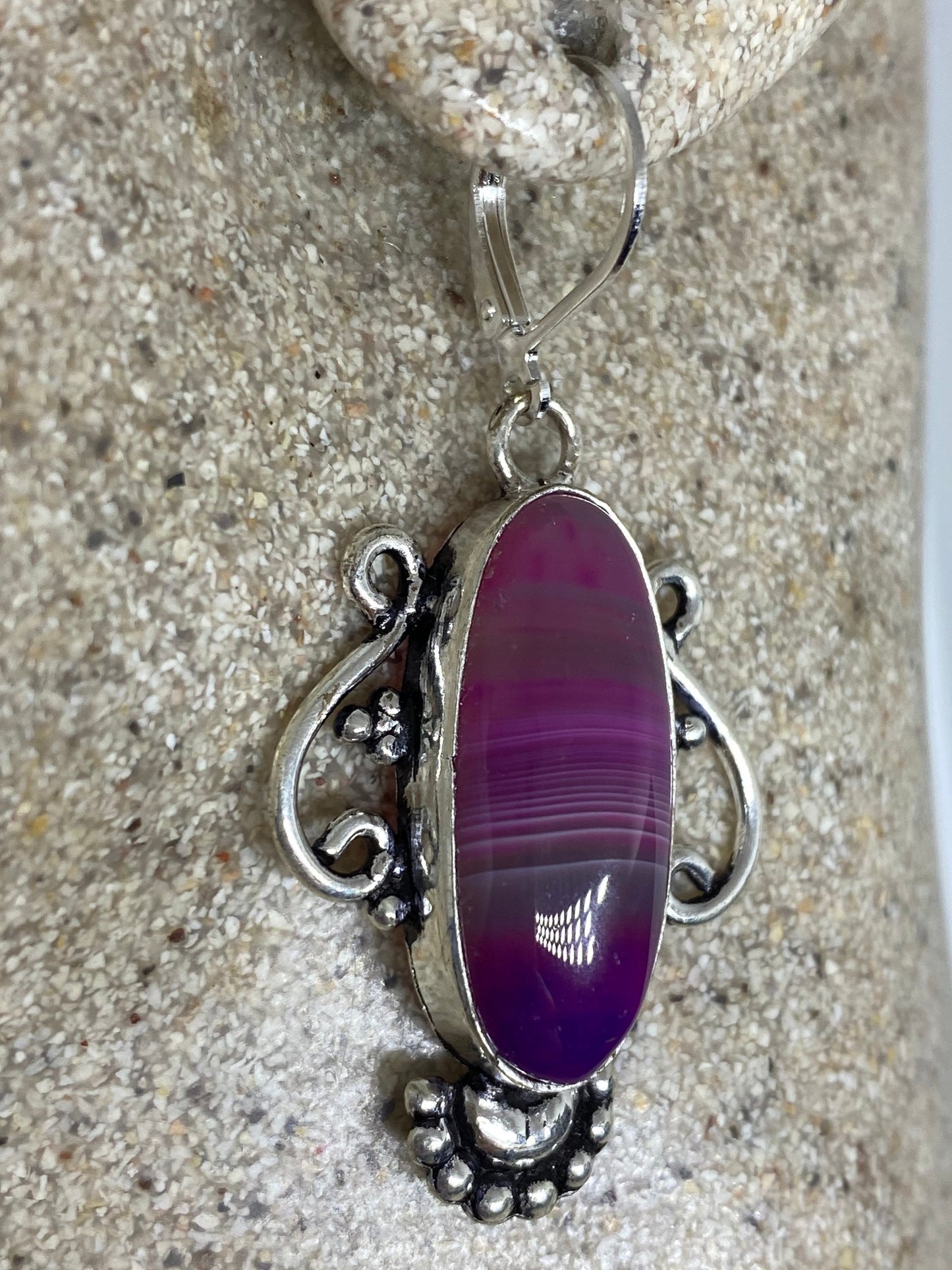 Antique Vintage Purple Banded agate Silver Dangle Earrings