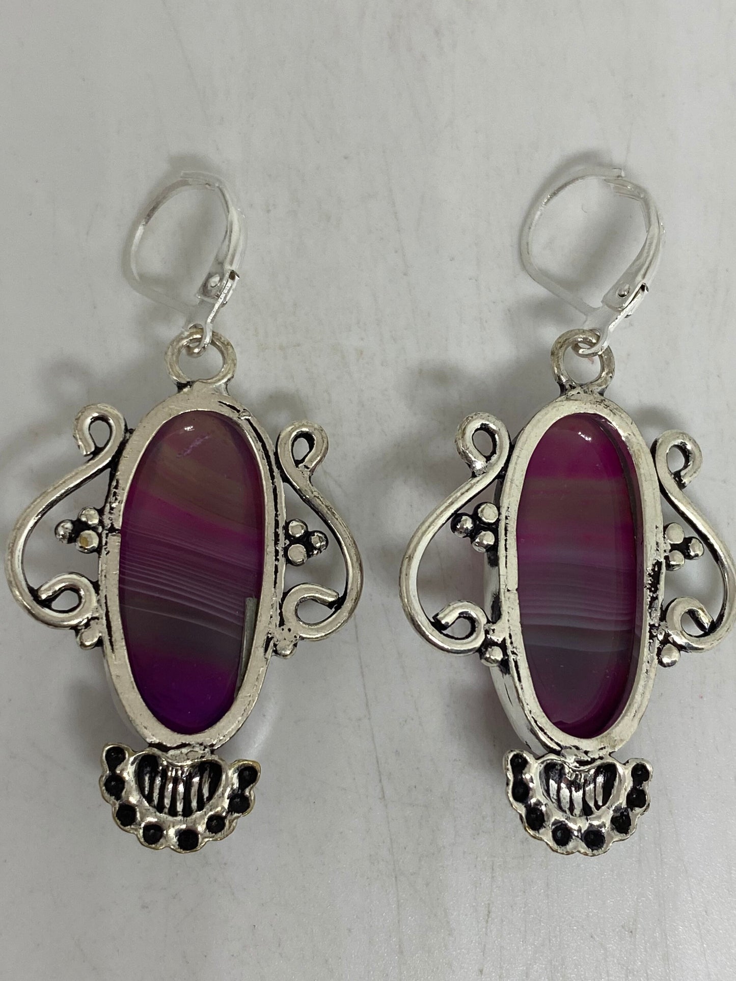 Antique Vintage Purple Banded agate Silver Dangle Earrings