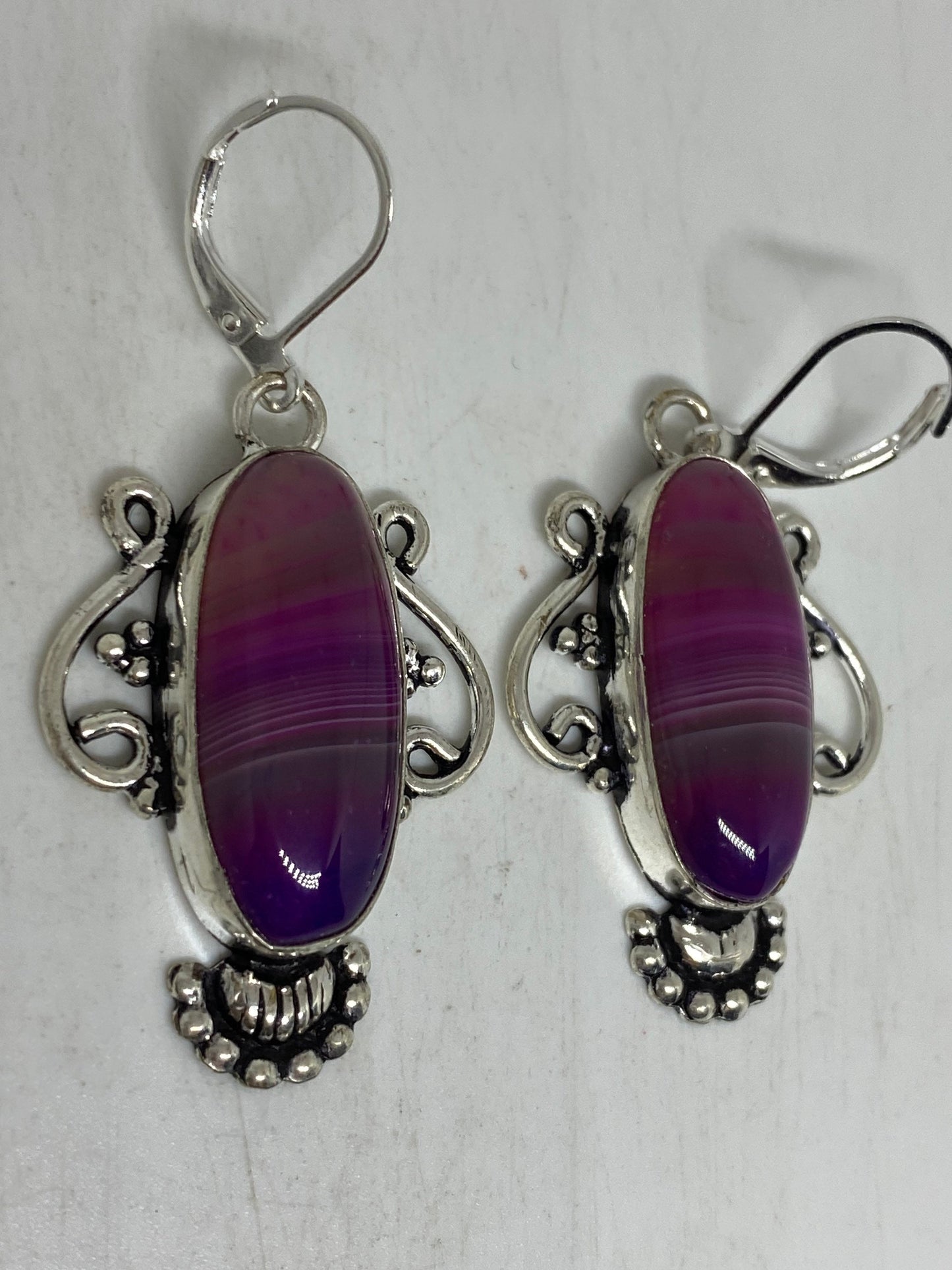 Antique Vintage Purple Banded agate Silver Dangle Earrings