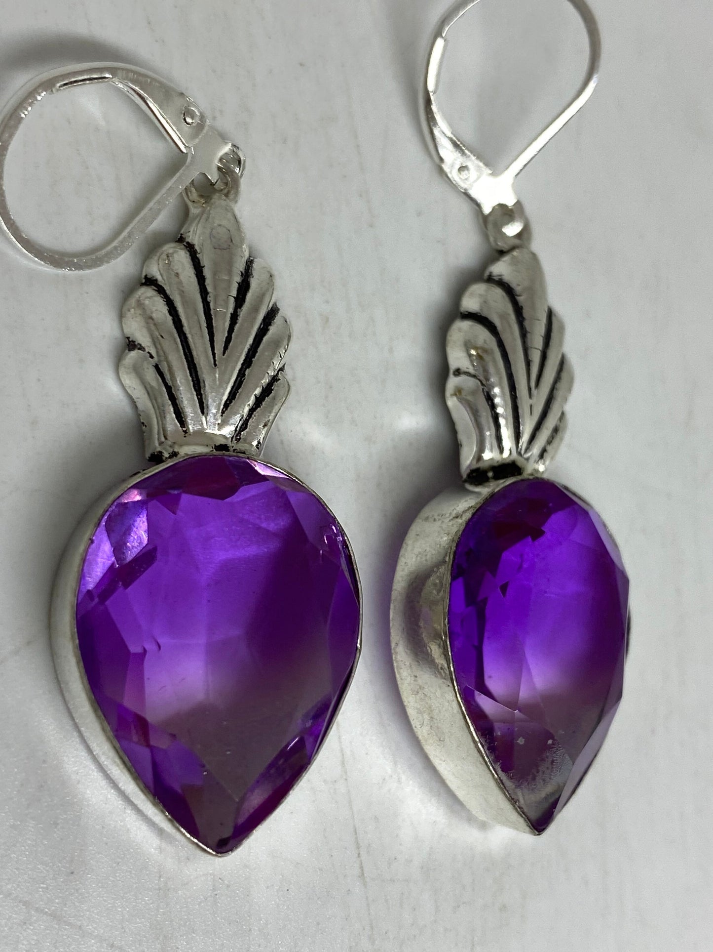 Antique Vintage Purple Volcanic Glass Silver Dangle Earrings