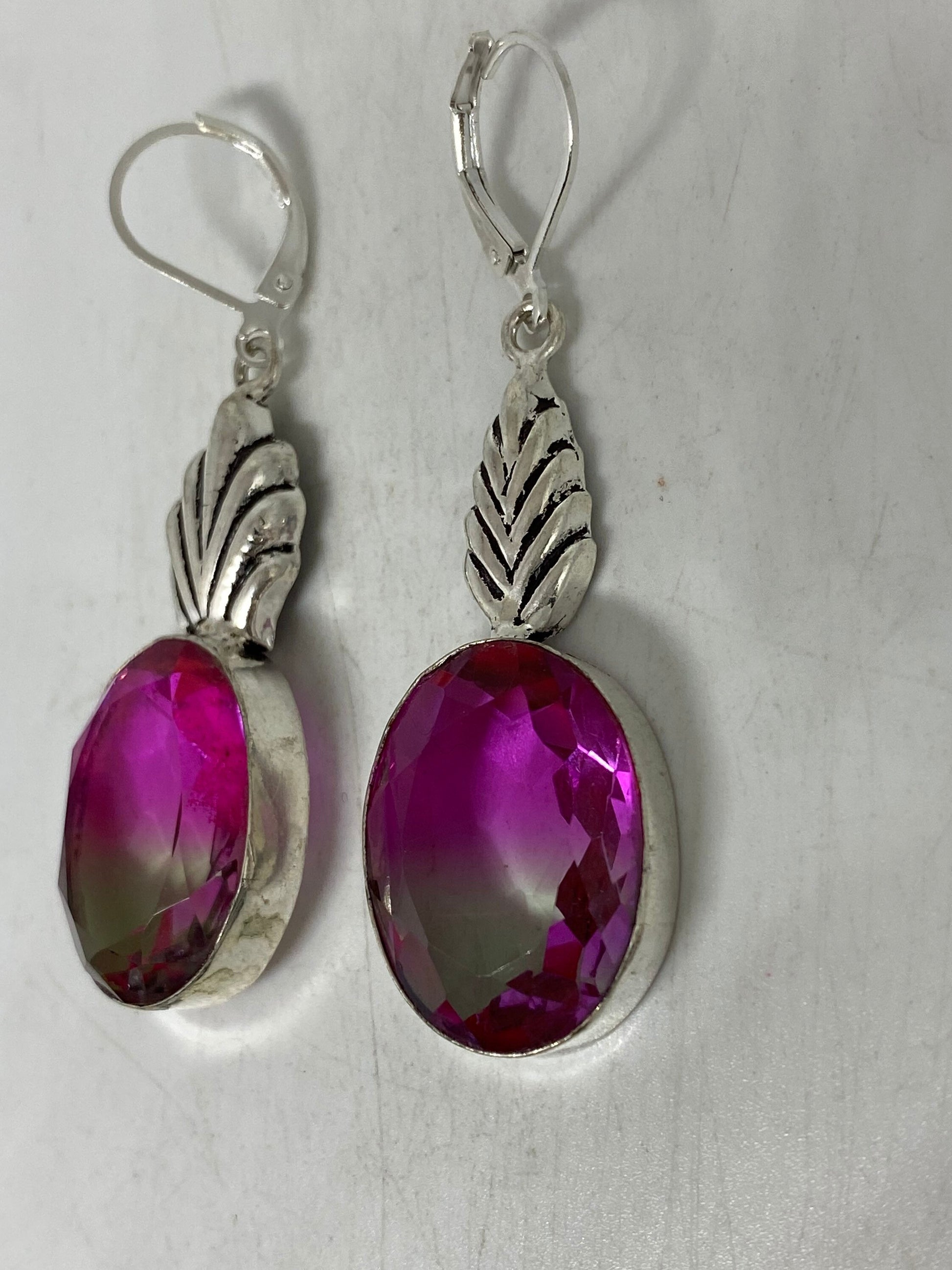 Antique Vintage Purple Volcanic Glass Silver Dangle Earrings