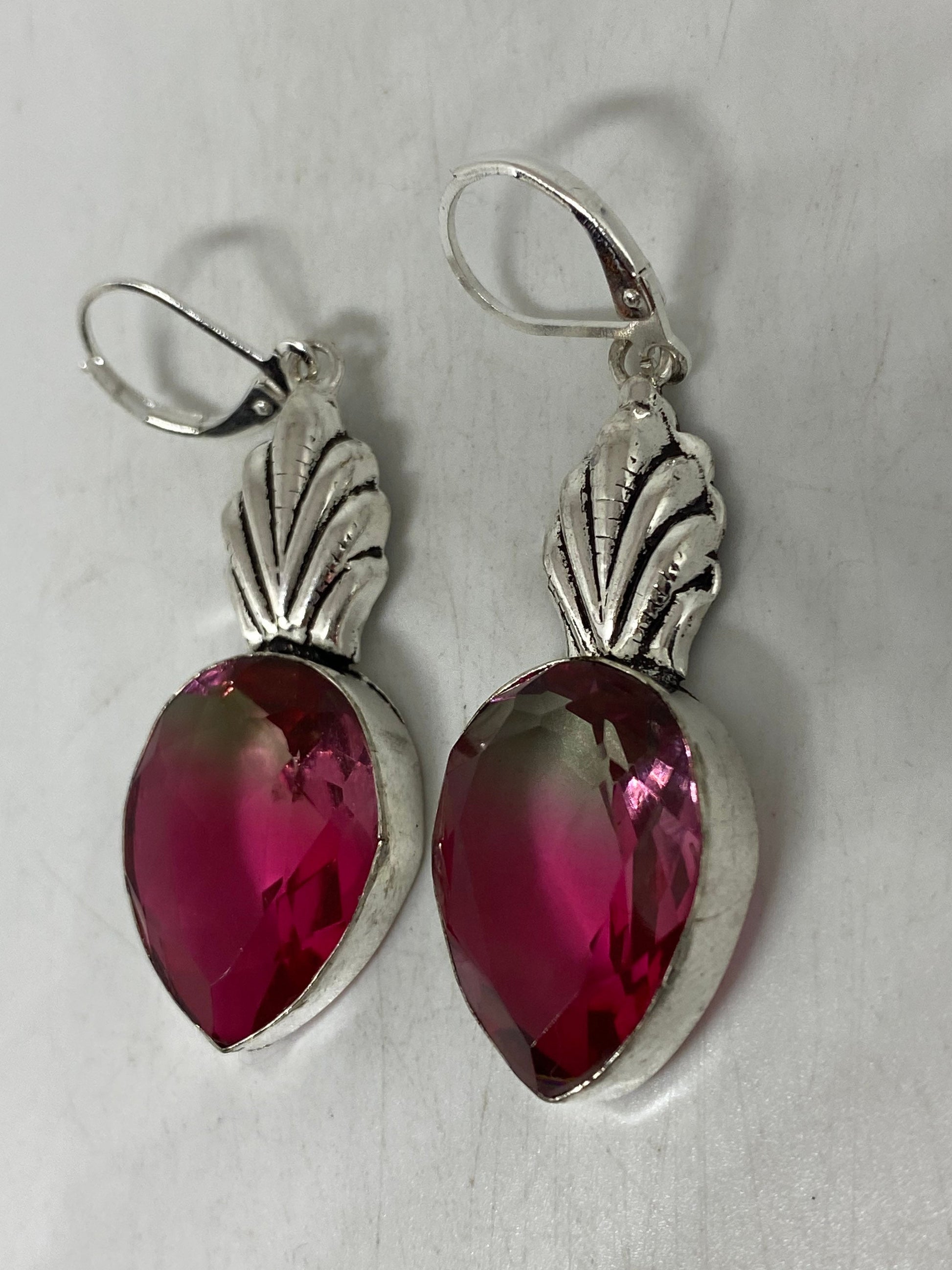 Antique Vintage Pink Butterfly wing Glass Silver Dangle Earrings