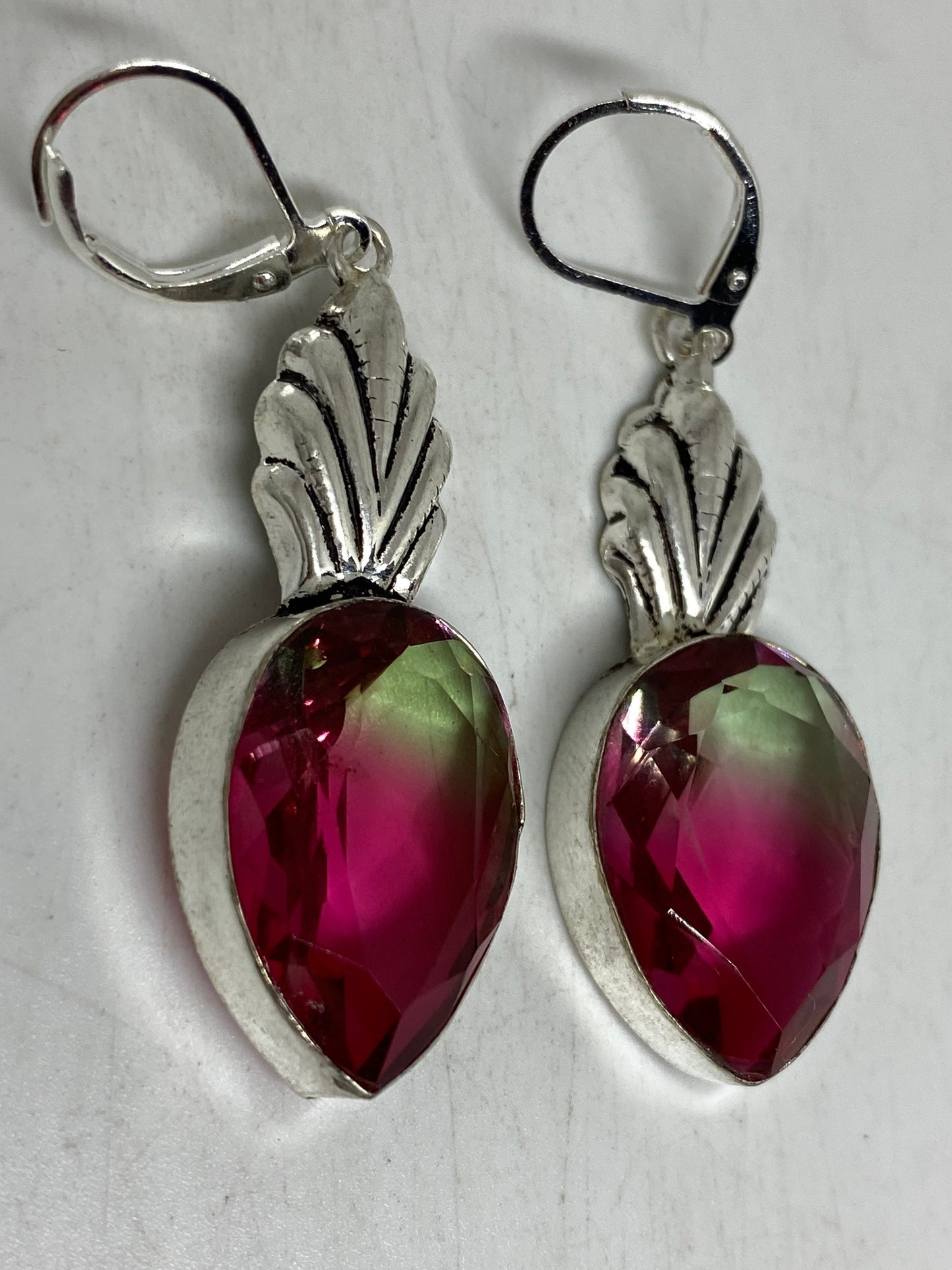 Antique Vintage Pink Butterfly wing Glass Silver Dangle Earrings