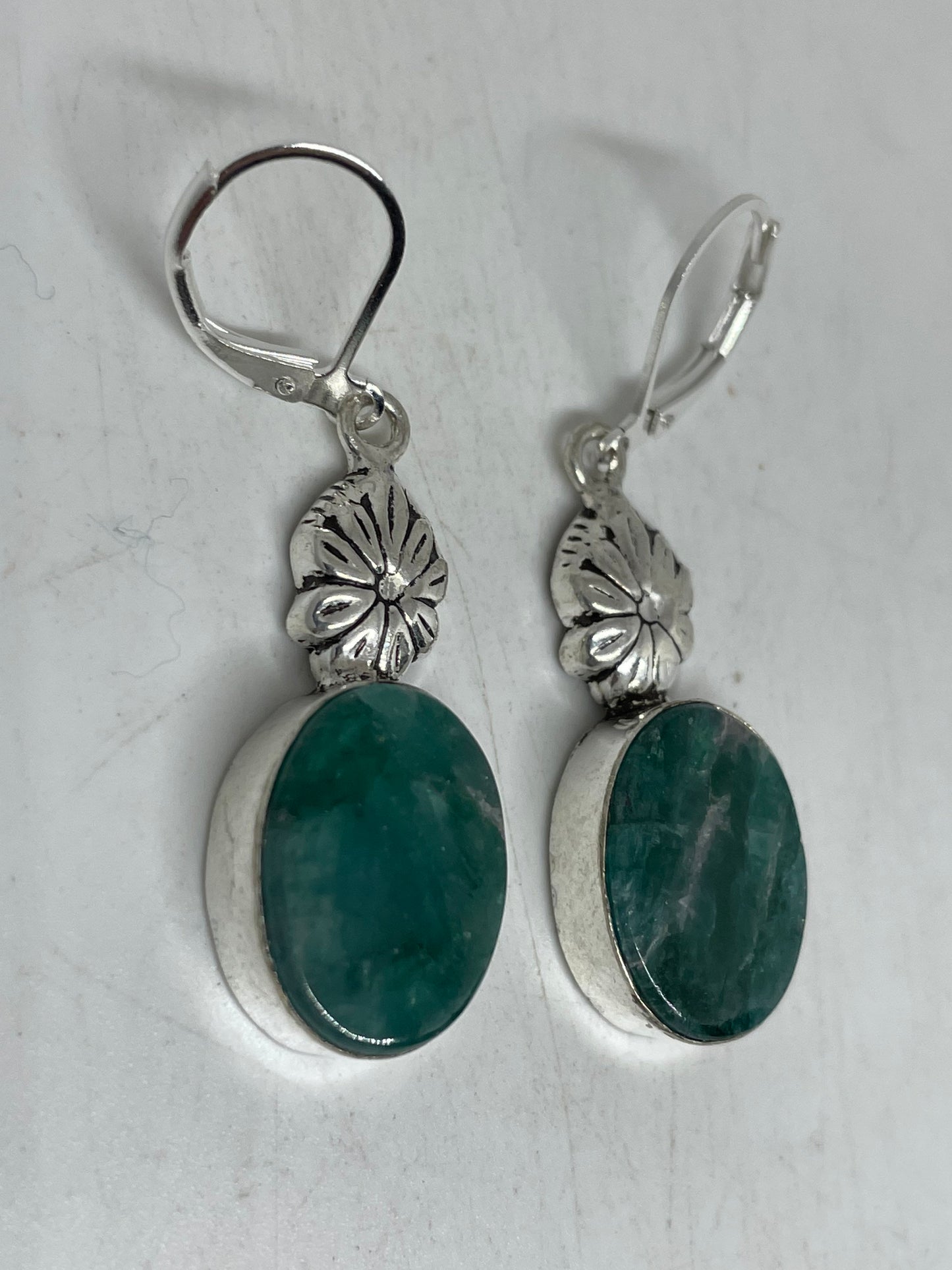 Vintage Genuine Raw Emerald Gemstone Filigree Sterling Silver Lever Back Dangle Earrings