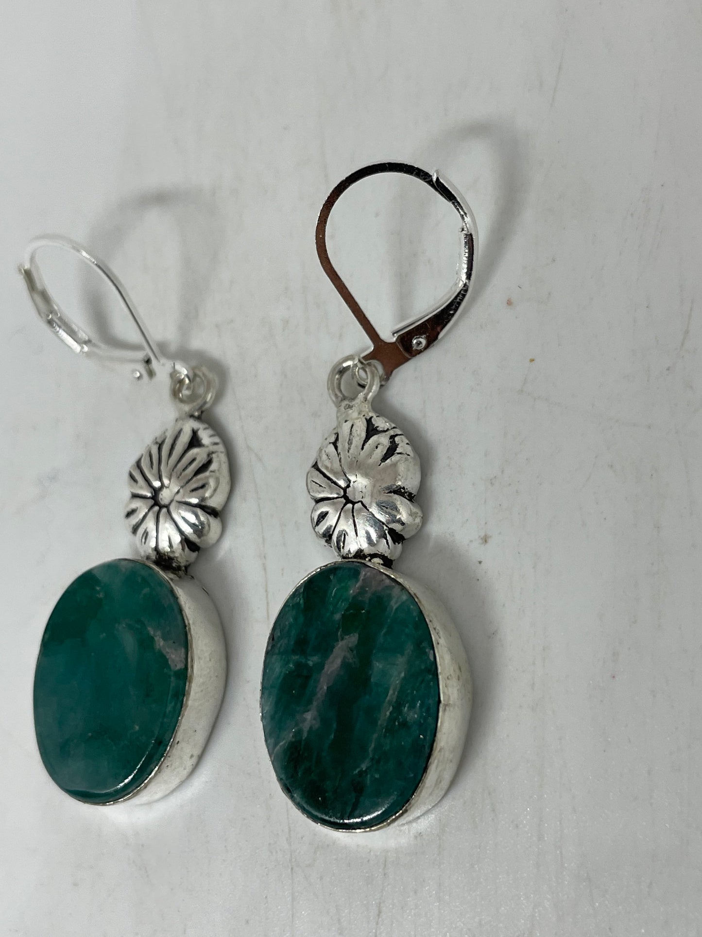 Vintage Genuine Raw Emerald Gemstone Filigree Sterling Silver Lever Back Dangle Earrings