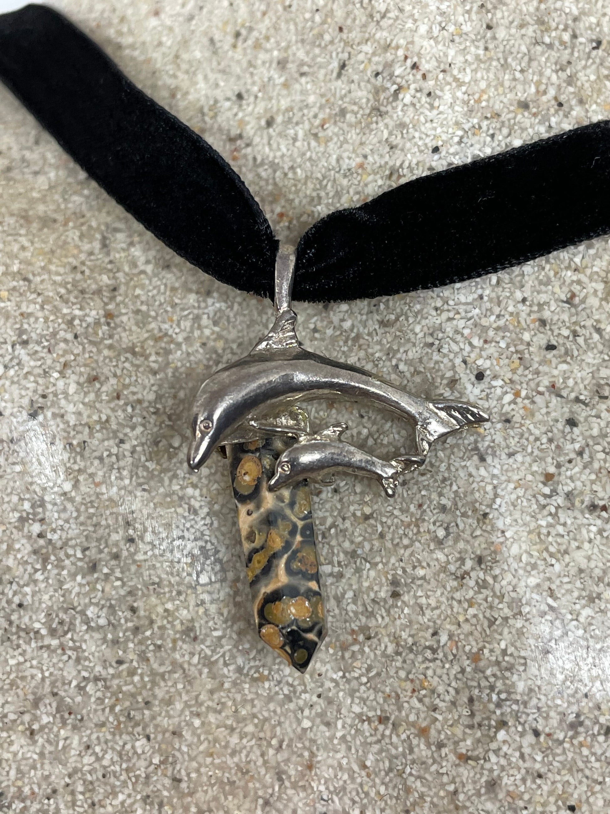 Vintage Dolphin Choker Fossil Agate 925 Sterling Silver Necklace