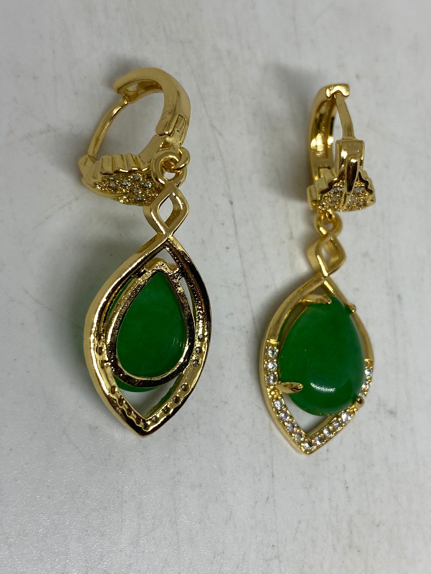 Vintage Fun Green Jade Gemstone Gold Rhodium Bronze Earrings