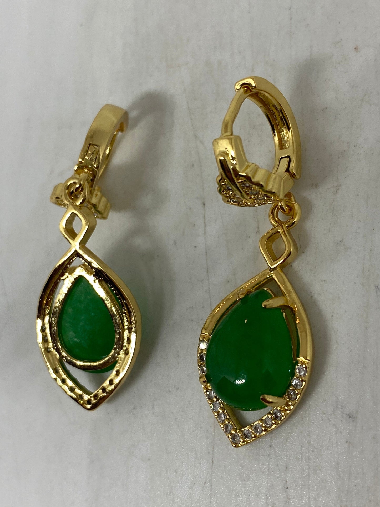 Vintage Fun Green Jade Gemstone Gold Rhodium Bronze Earrings