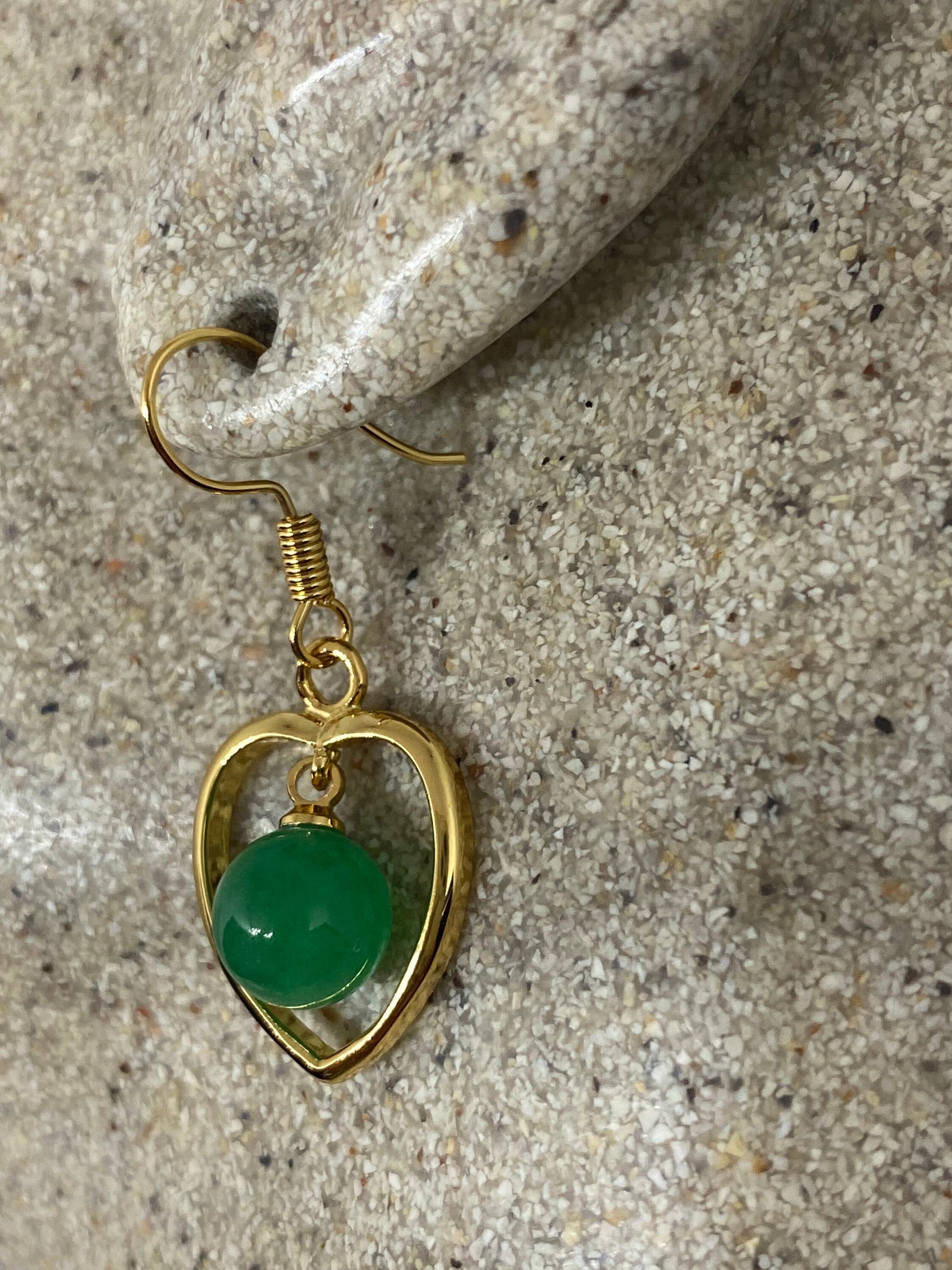 Vintage Fun Green Jade Heart Gemstone Gold Rhodium Bronze Earrings