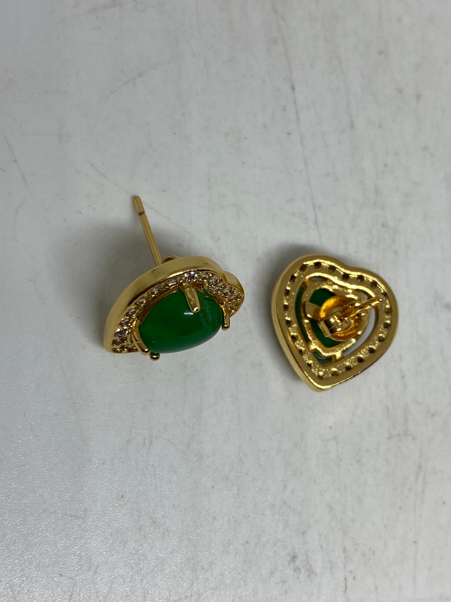 Vintage Fun Green Jade Heart Gemstone Gold Rhodium Bronze Earrings