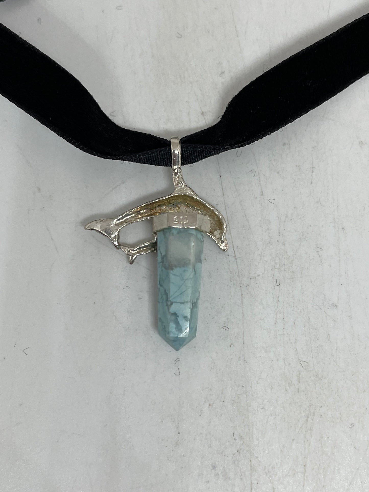 Vintage Dolphin Choker Blue Larimar 925 Sterling Silver Necklace