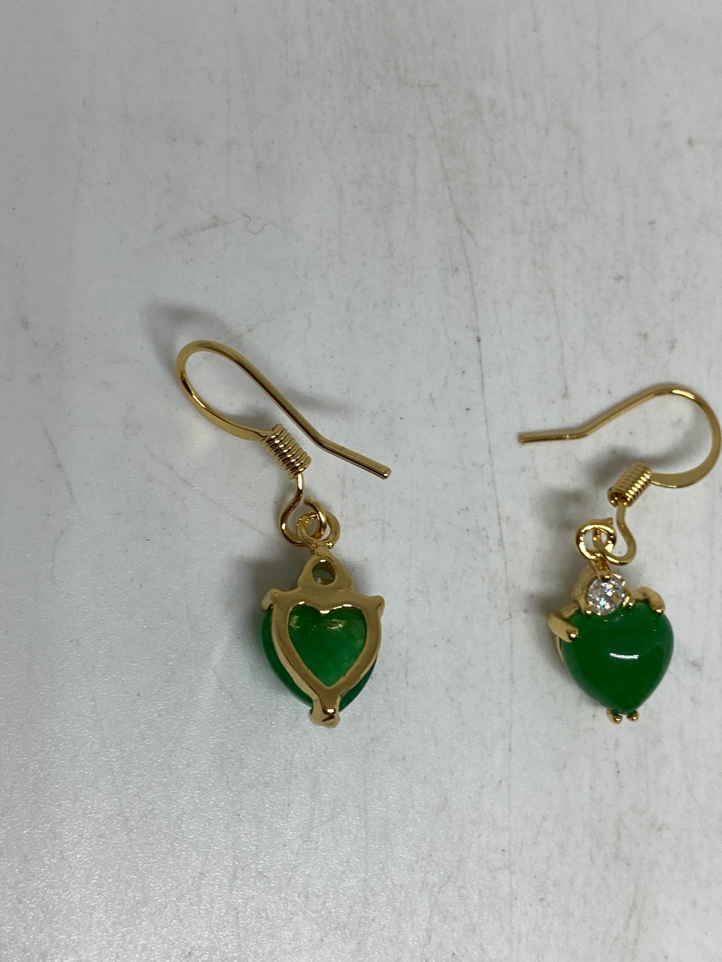 Vintage Fun Green Jade Heart Gemstone Gold Rhodium Bronze Earrings