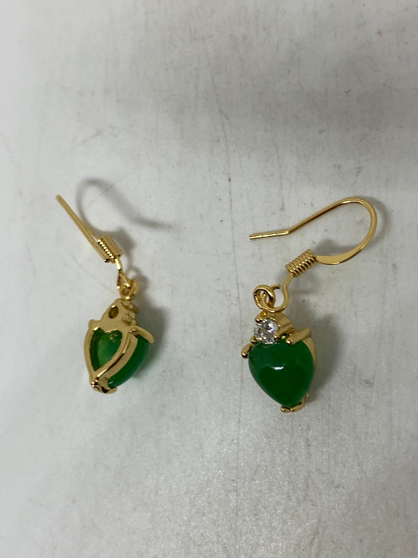 Vintage Fun Green Jade Heart Gemstone Gold Rhodium Bronze Earrings