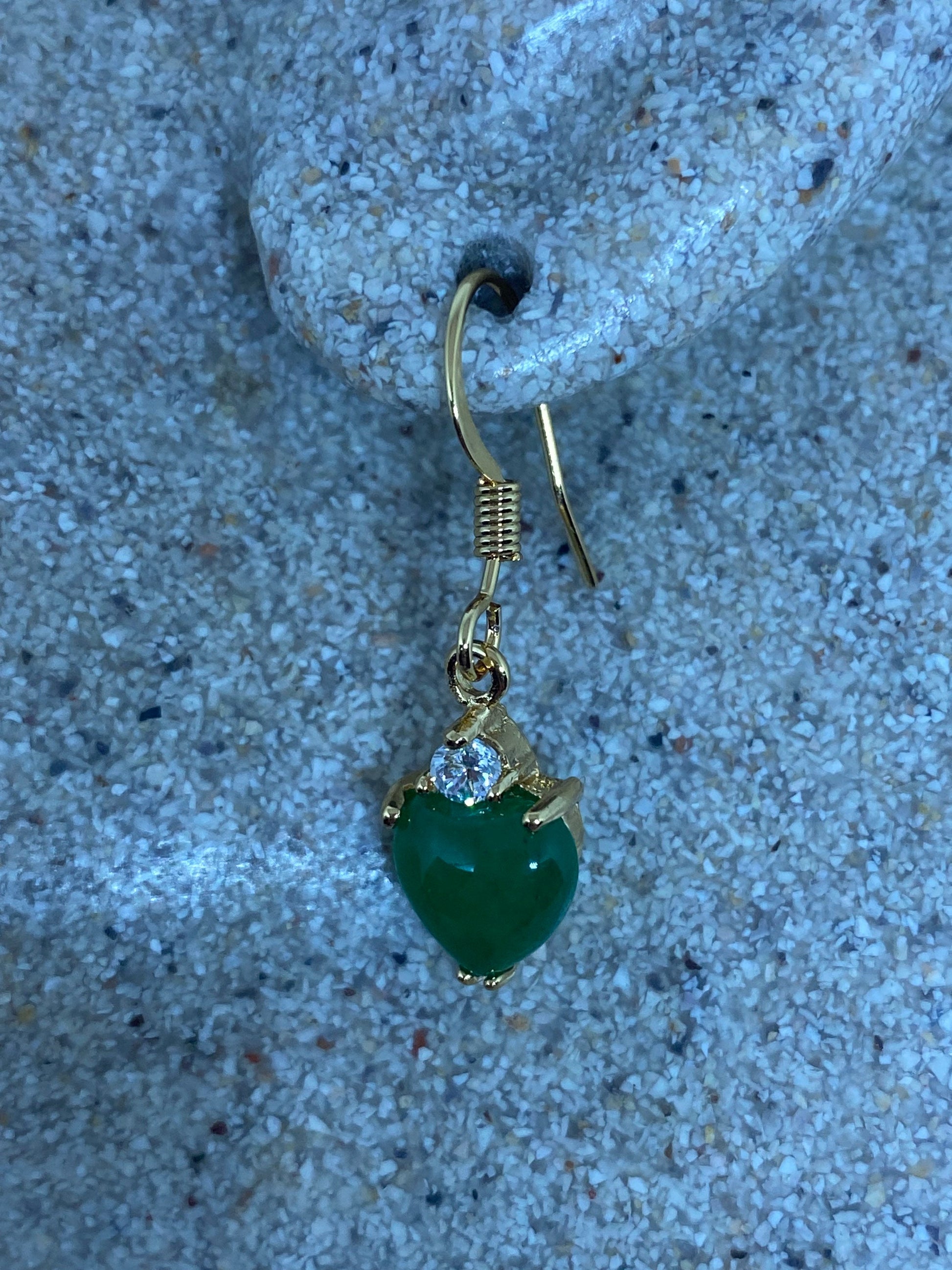 Vintage Fun Green Jade Heart Gemstone Gold Rhodium Bronze Earrings