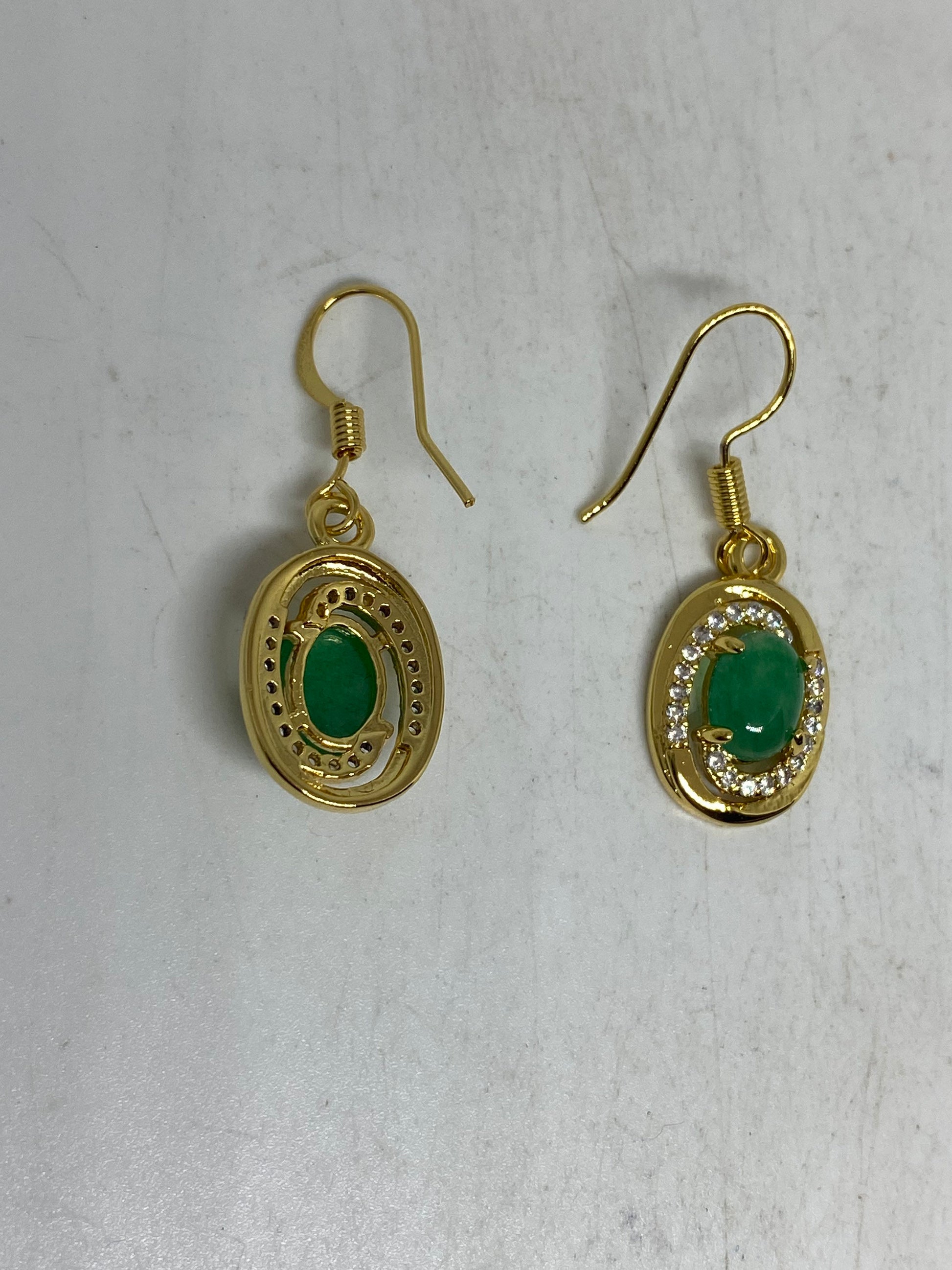 Vintage Fun Green Jade Gemstone Gold Rhodium Bronze Earrings