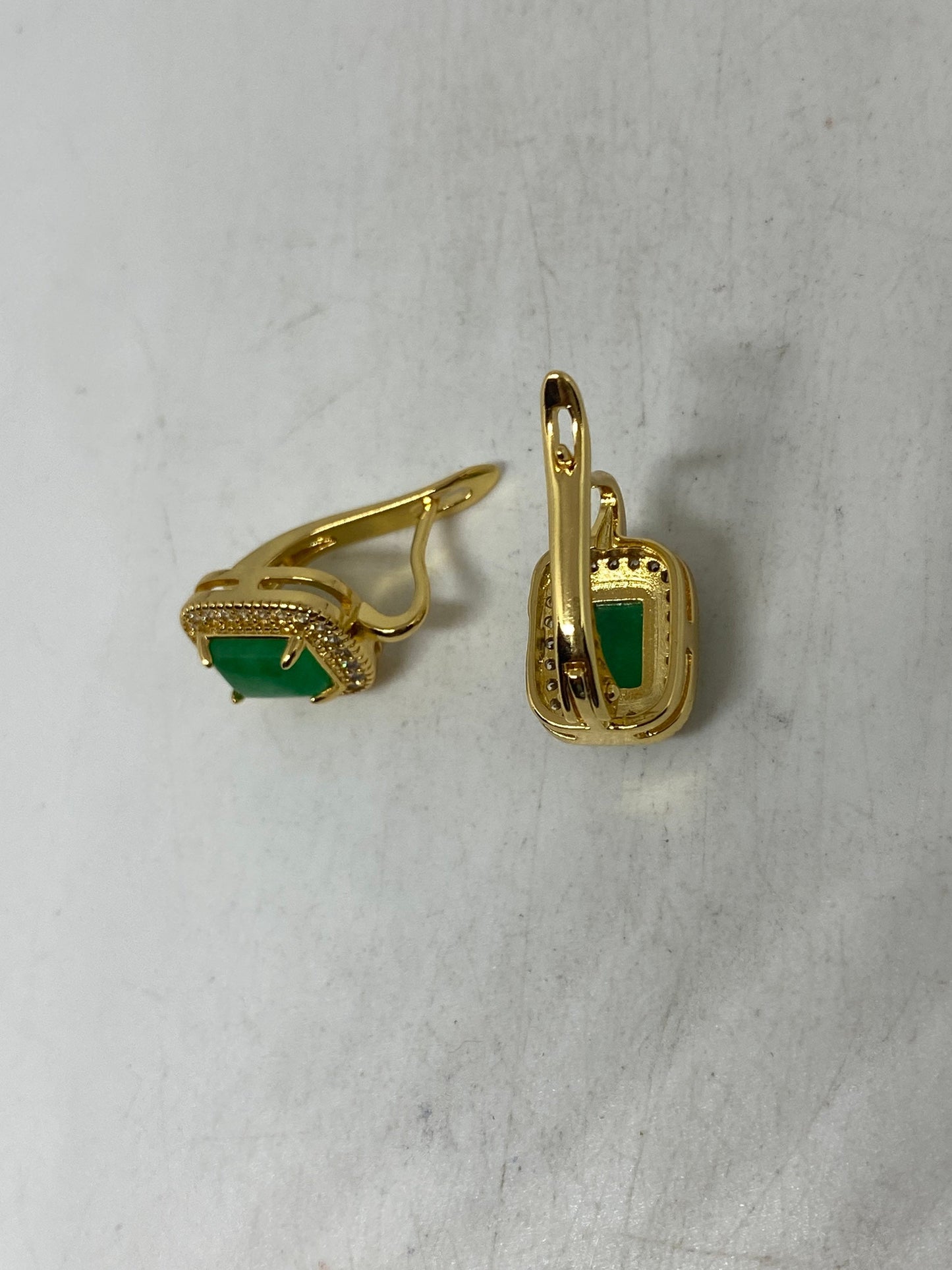 Vintage Fun Green Jade Gemstone Gold Rhodium Bronze Earrings