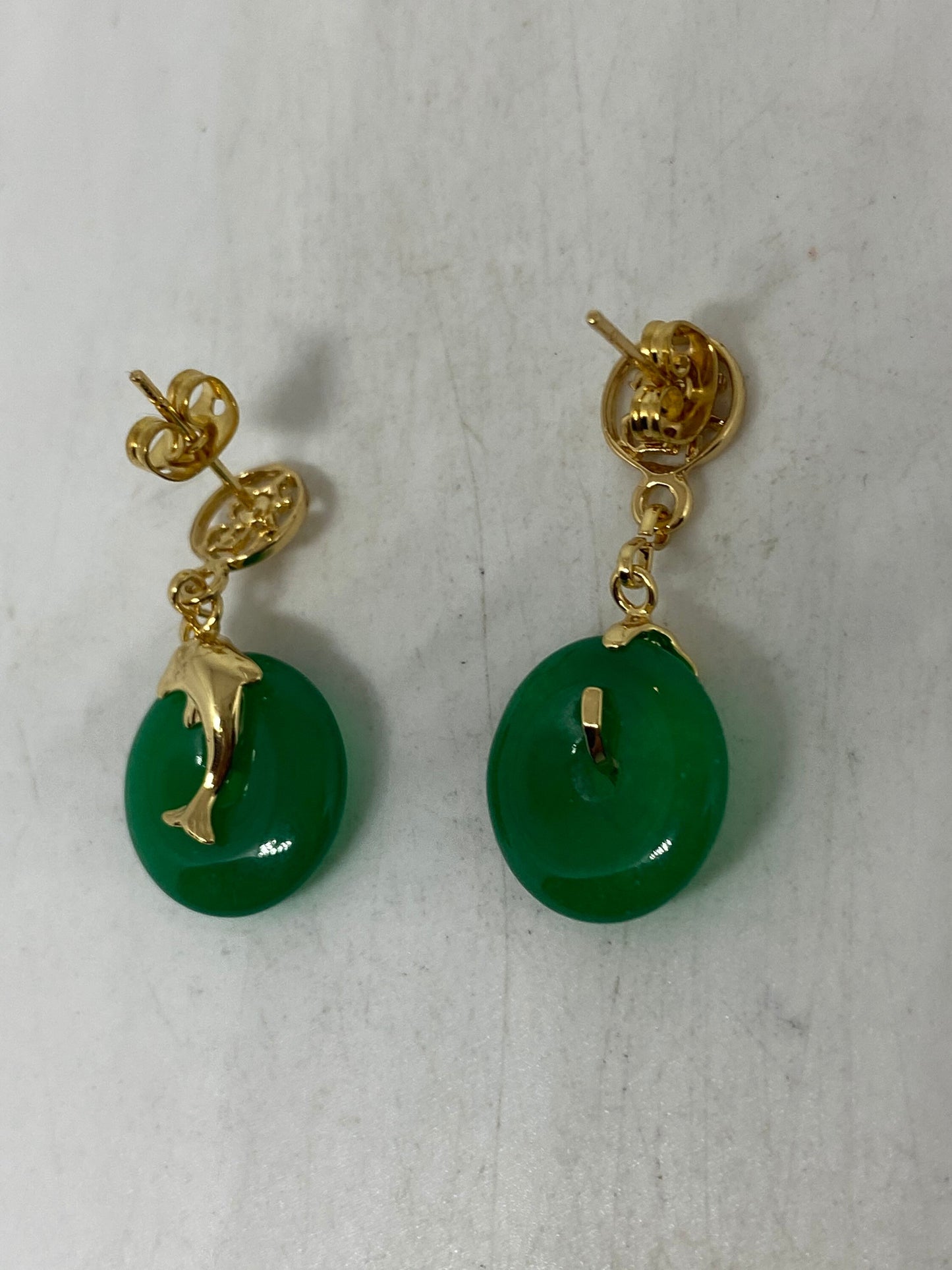 Vintage Fun Green Jade Gemstone Gold Rhodium Bronze Earrings