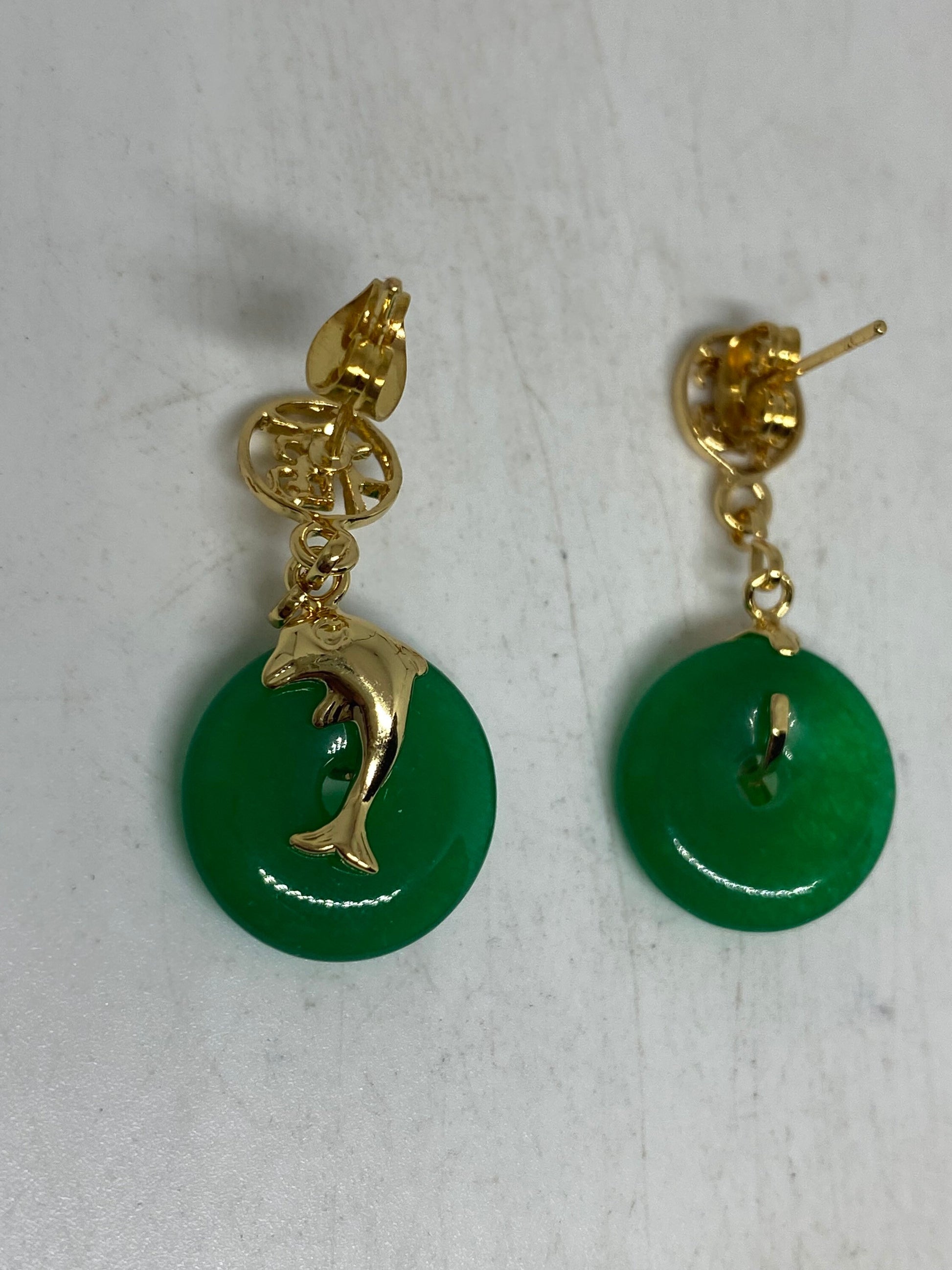 Vintage Fun Green Jade Gemstone Gold Rhodium Bronze Earrings